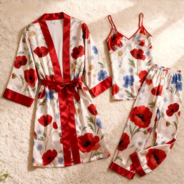 Women's Silk-Look Pajamas-3-Piece Satin Set with Bright Floral Prints