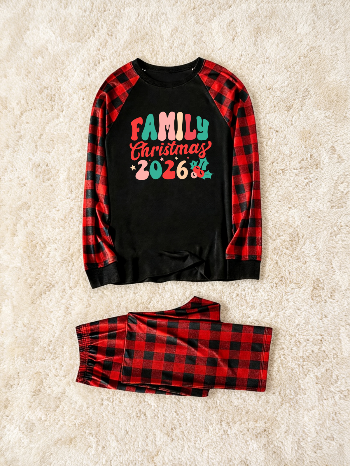 2026 Family Christmas Matching Pajamas Set, Buffalo Plaid Raglan Long Sleeve Printed Top, Plaid Pants With Pockets Holiday Family Sleepwear
