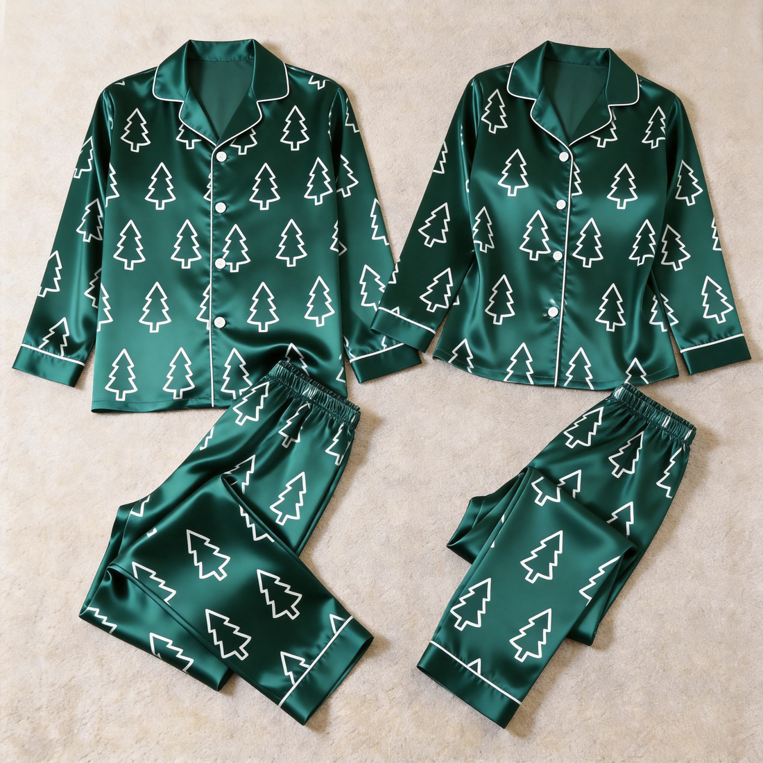 Pine Tree Satin Matching Pajamas for Couples – Long Sleeve Button-Down Top & Pants Sleepwear Set