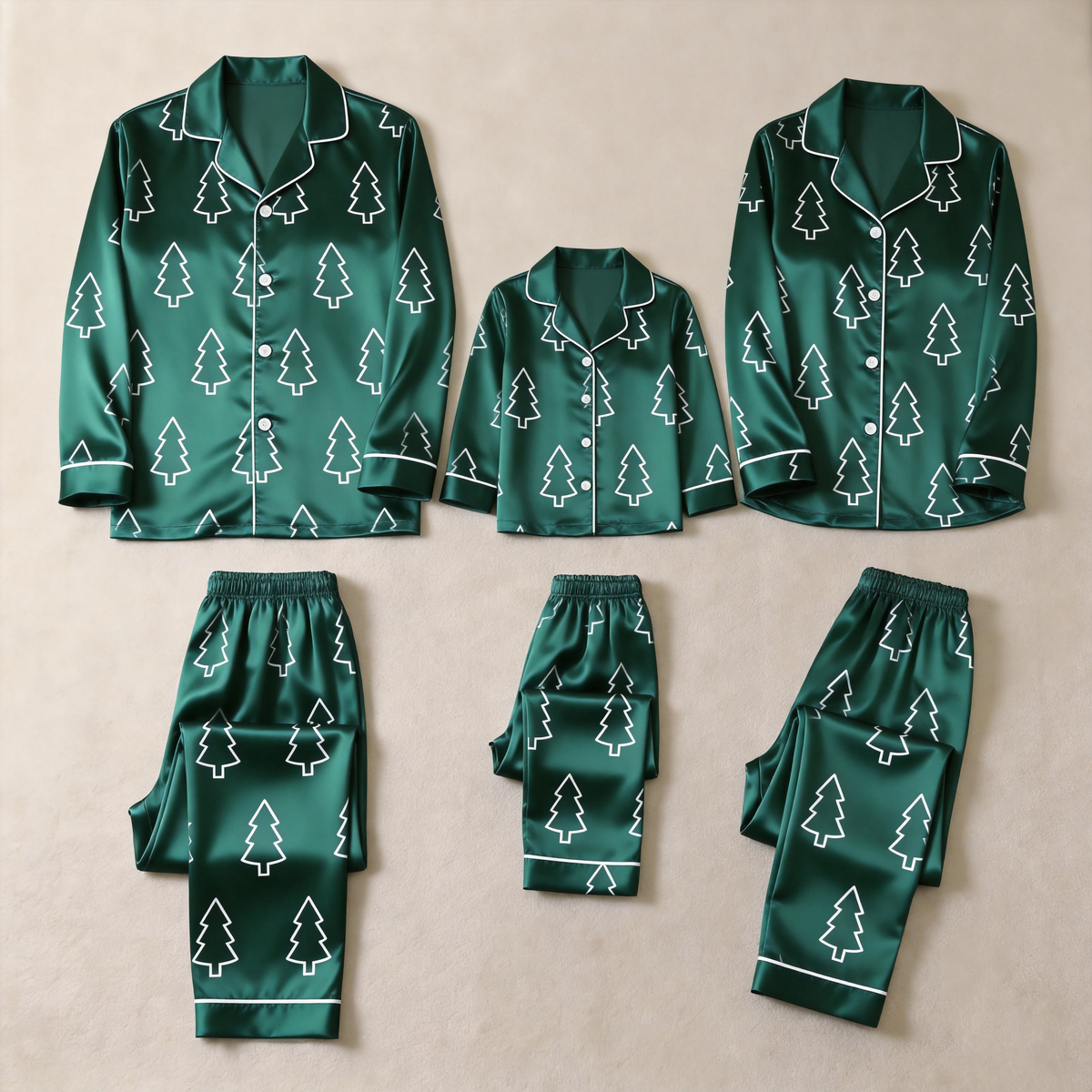 Emerald Green Satin Christmas Tree Outline Family Matching Pajamas Set Long Sleeve Button-Down Festive Sleepwear