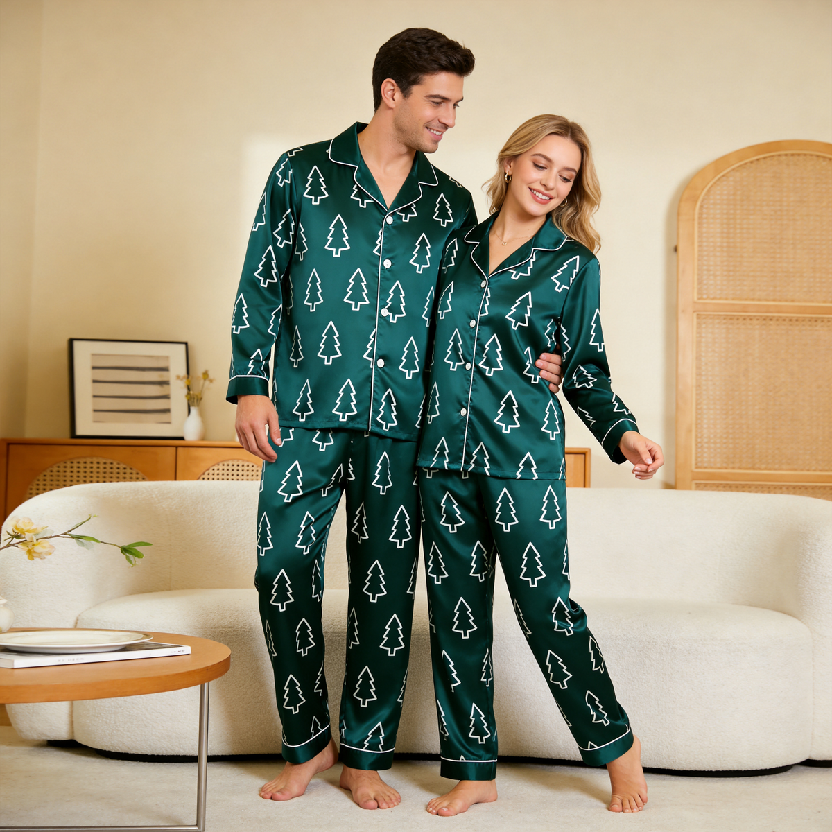 Pine Tree Satin Matching Pajamas for Couples – Long Sleeve Button-Down Top & Pants Sleepwear Set