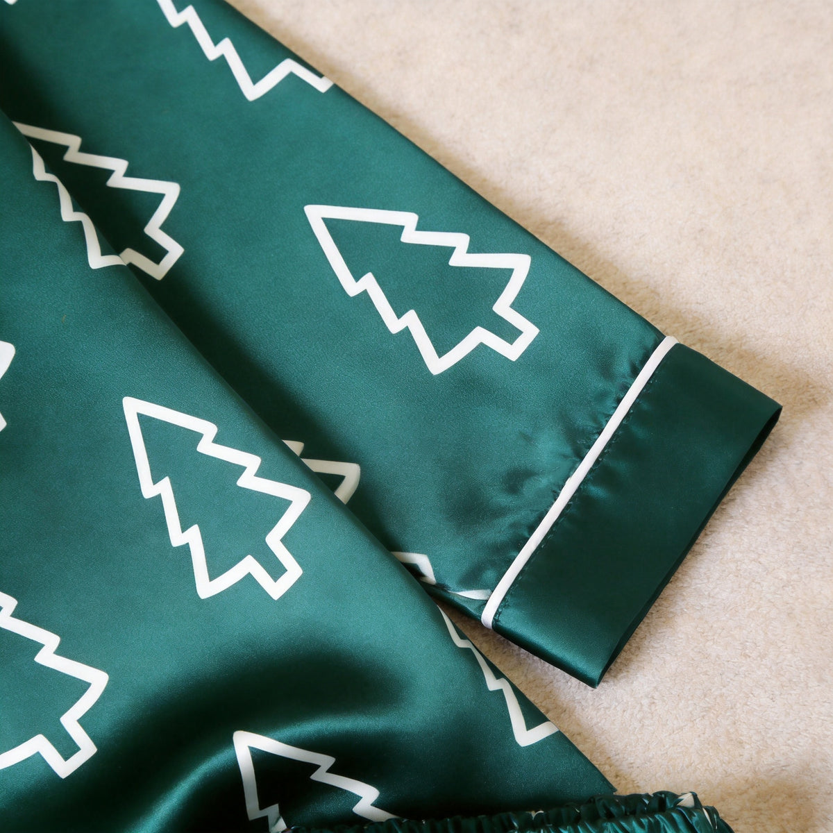 Pine Tree Satin Matching Pajamas for Couples – Long Sleeve Button-Down Top & Pants Sleepwear Set