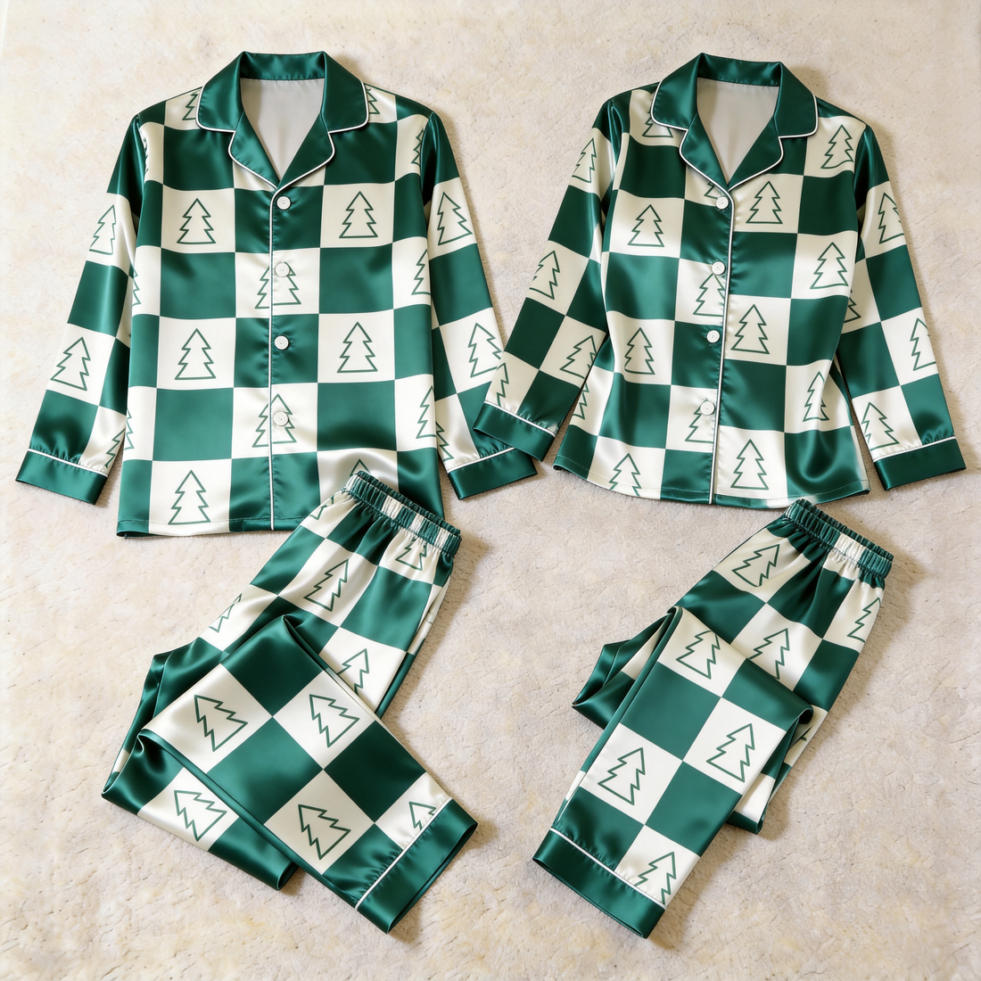 Pine Tree Satin Matching Pajamas for Couples – Long Sleeve Button-Down Top & Pants Sleepwear Set