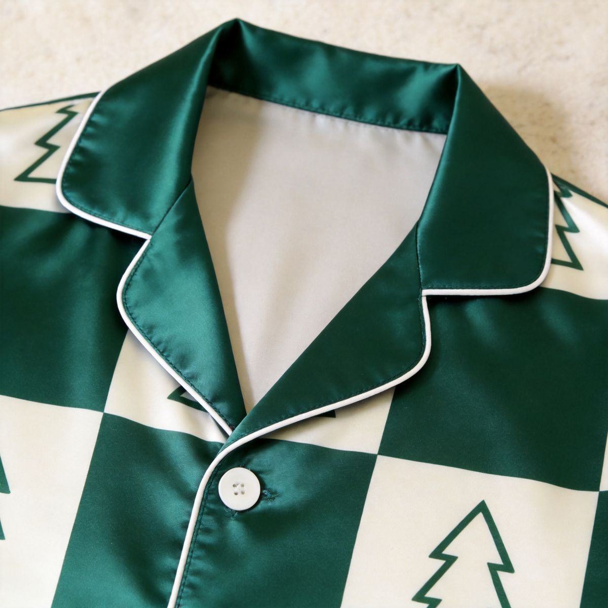 Pine Tree Satin Matching Pajamas for Couples – Long Sleeve Button-Down Top & Pants Sleepwear Set