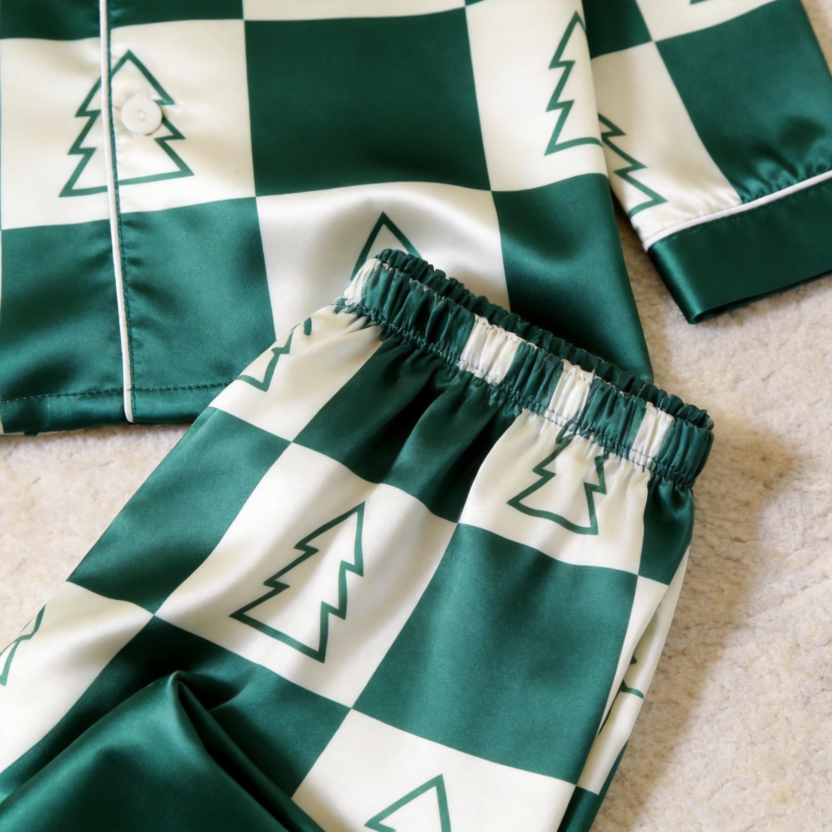 Green Satin Checkerboard Christmas Tree Family Matching Pajamas Set Long Sleeve Button-Down Festive Sleepwear