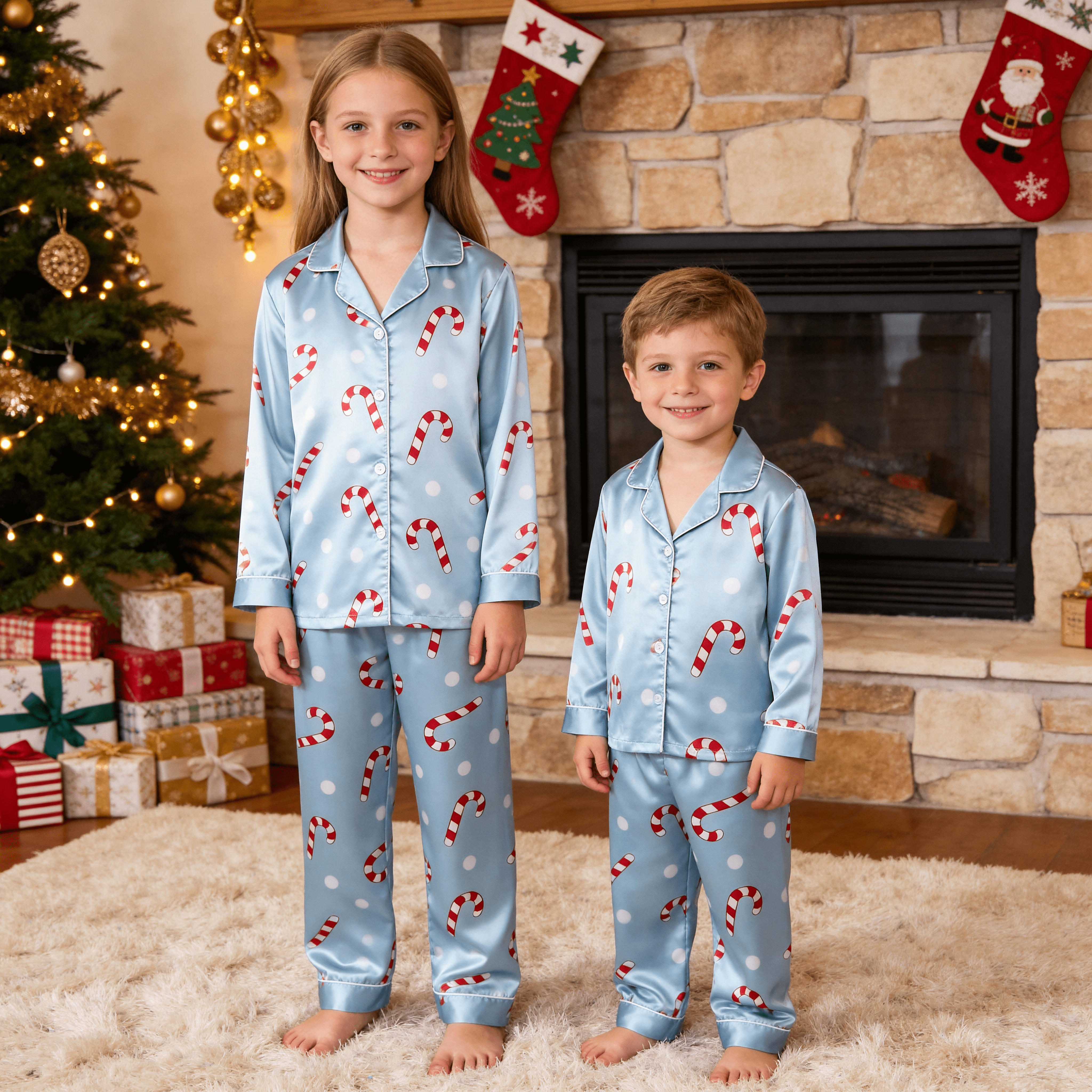 Blue Candy Cane & Polka Dot Satin Button-Up Family Christmas Pajamas Set