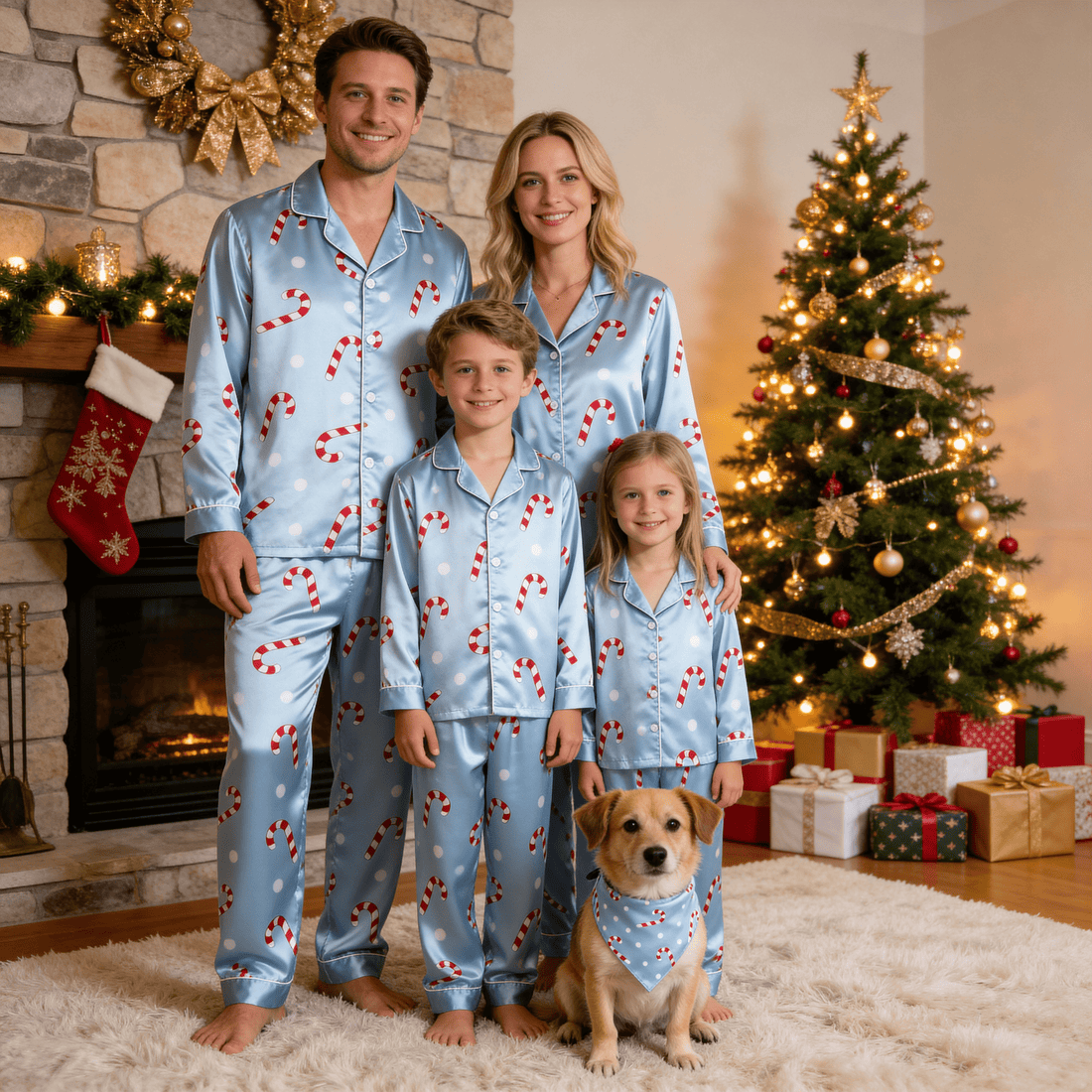 Blue Candy Cane & Polka Dot Satin Button-Up Family Christmas Pajamas Set