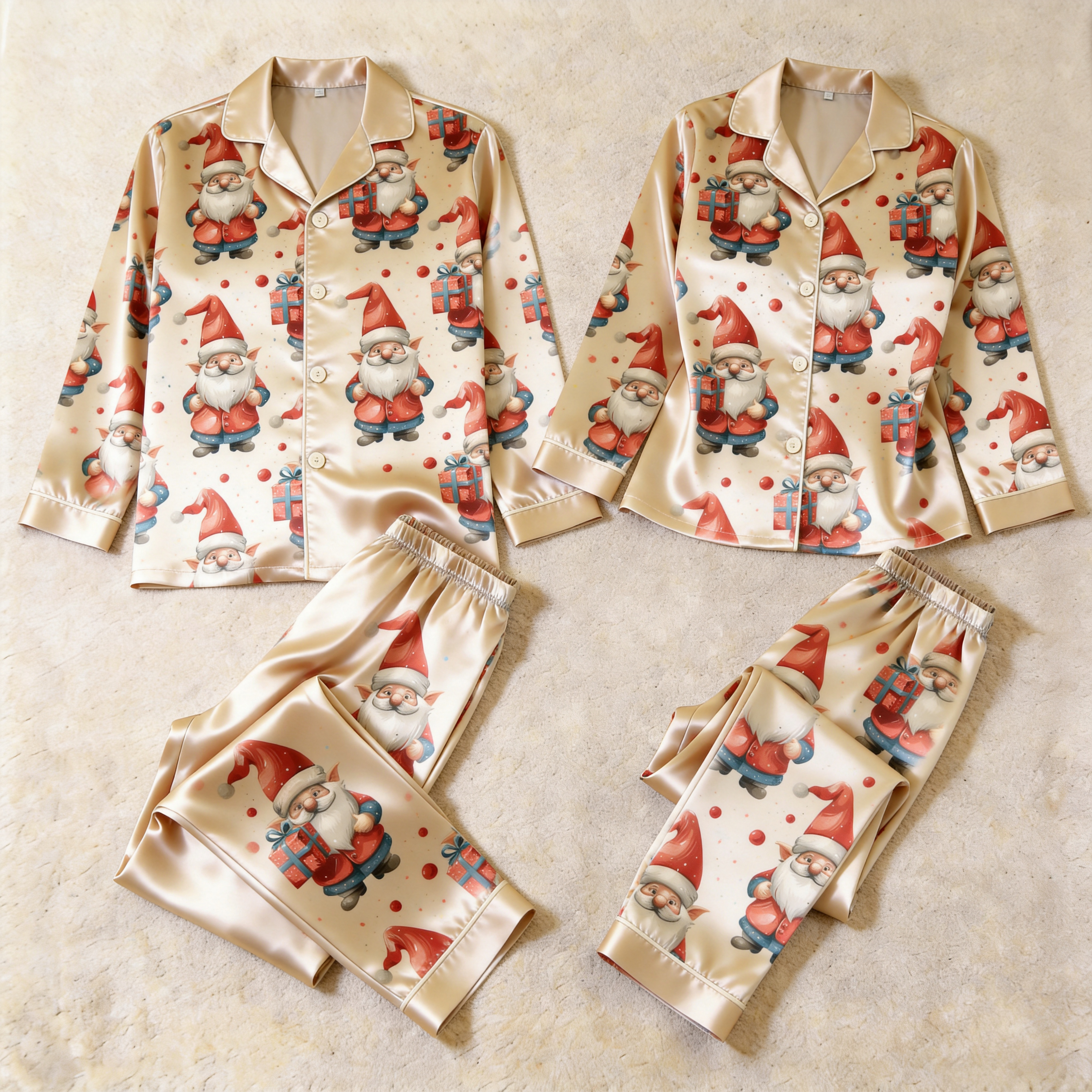 Santa Claus Gift Print Satin Matching Pajamas for Couples – Long Sleeve Button-Down Top & Pants Sleepwear Set