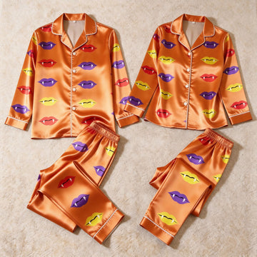 Vampire Lips Print Satin Matching Pajamas for Couples – Long Sleeve Button-Down Top & Pants Sleepwear Set
