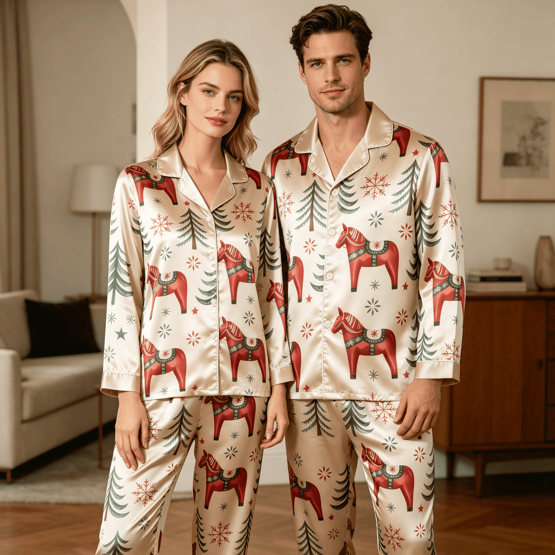 Dala Horse Holiday Satin Matching Pajamas for Couples – Long Sleeve Button-Down Top & Pants Sleepwear Set