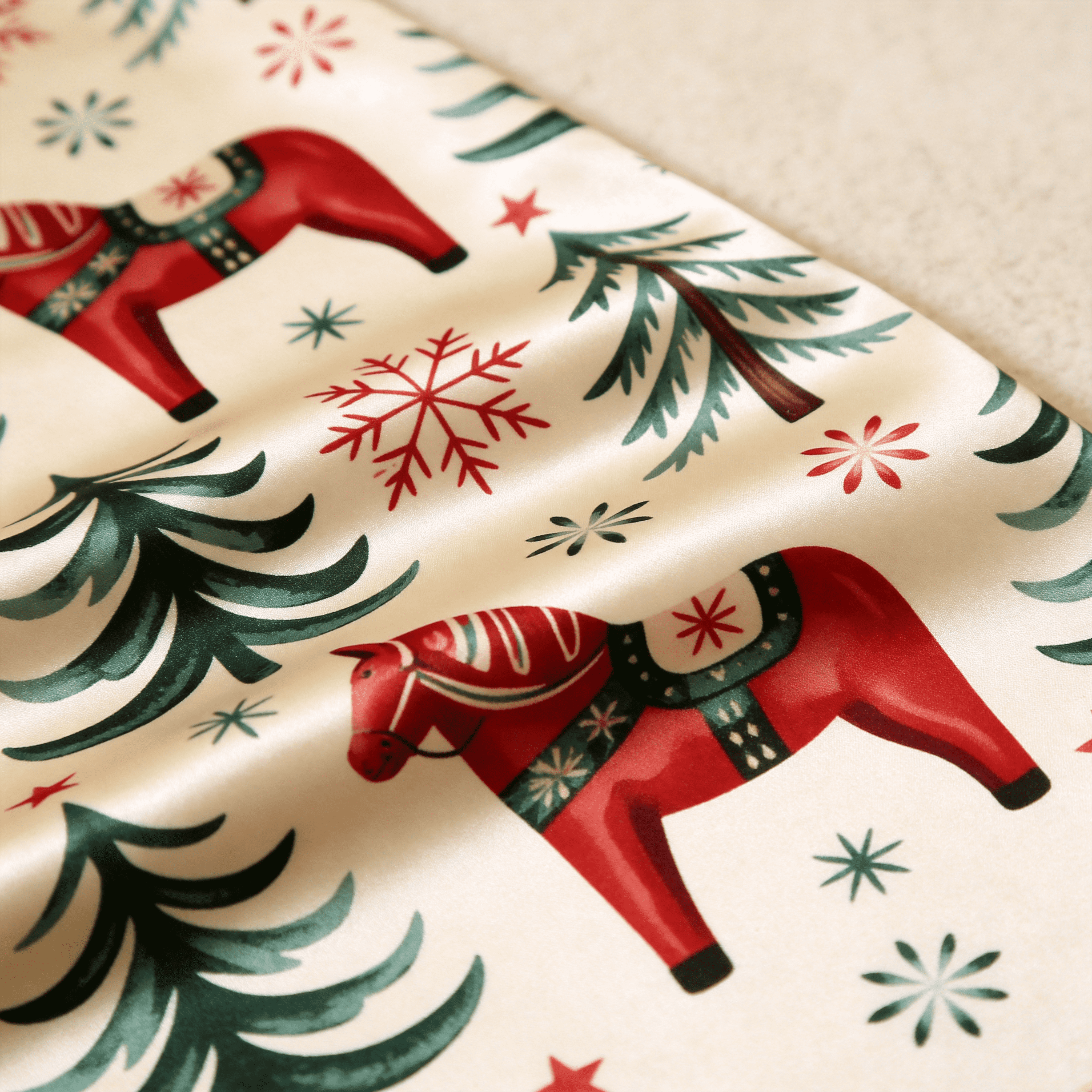 Festive Red Horse & Pine Tree Print Satin Button-Up Family Christmas Pajamas Set