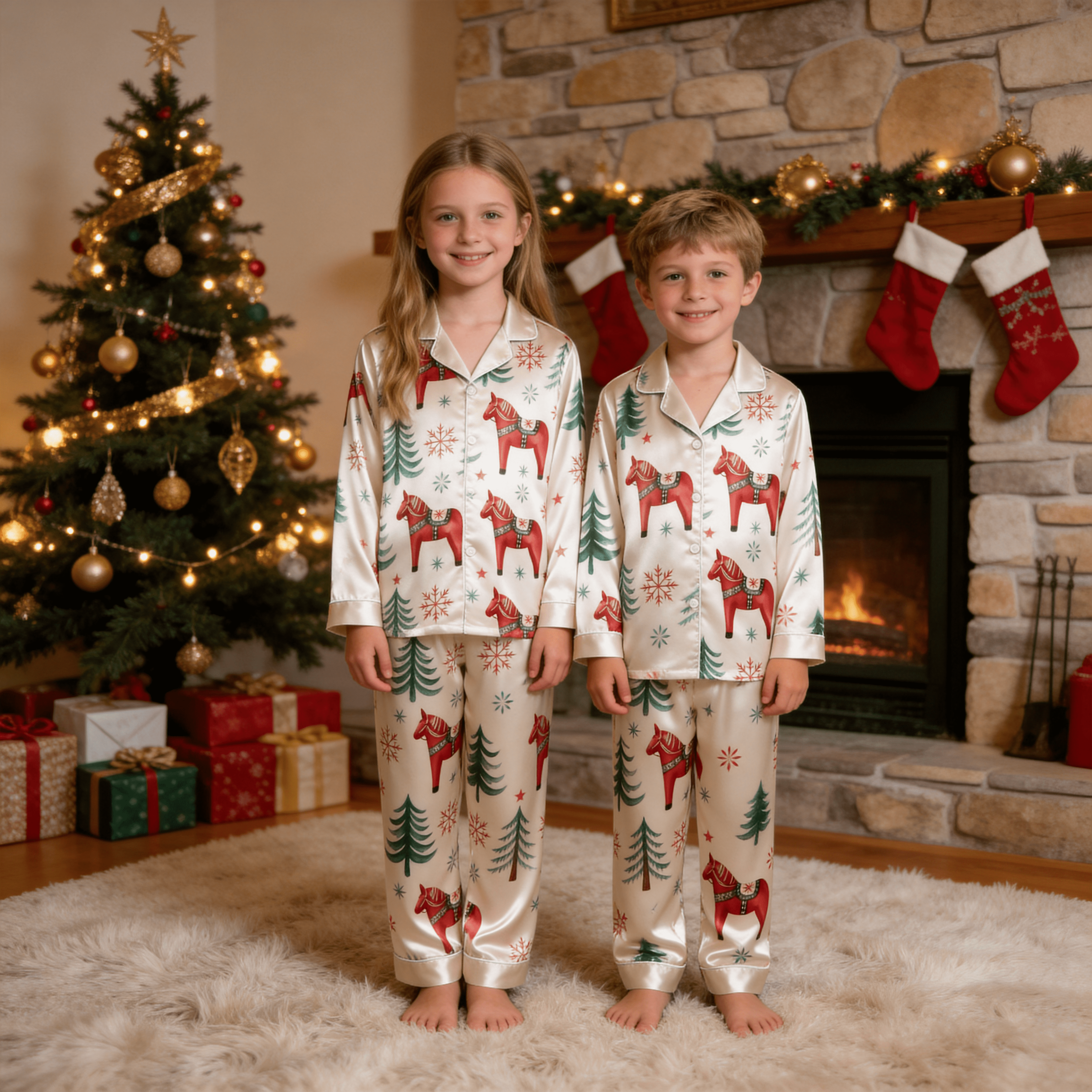 Festive Red Horse & Pine Tree Print Satin Button-Up Family Christmas Pajamas Set