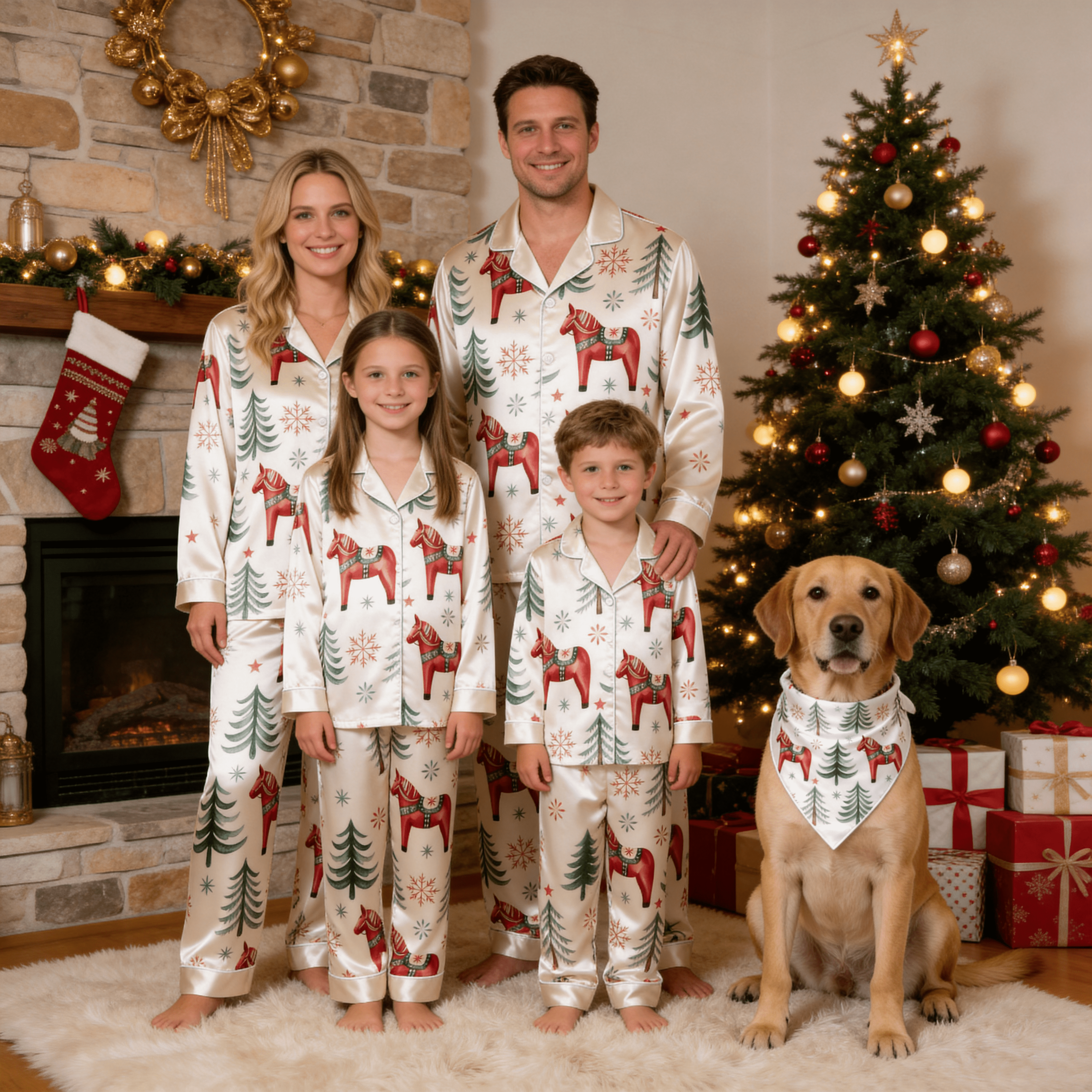 Festive Red Horse & Pine Tree Print Satin Button-Up Family Christmas Pajamas Set