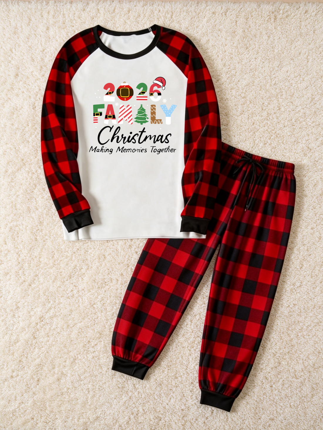 Family Matching Christmas Pajama Set, 2026 Merry Christmas Letter Print Raglan Long Sleeve Top, Red Black Buffalo Plaid Jogger Pants, Cozy Festive Sleepwear For Holiday Photos & Christmas Eve