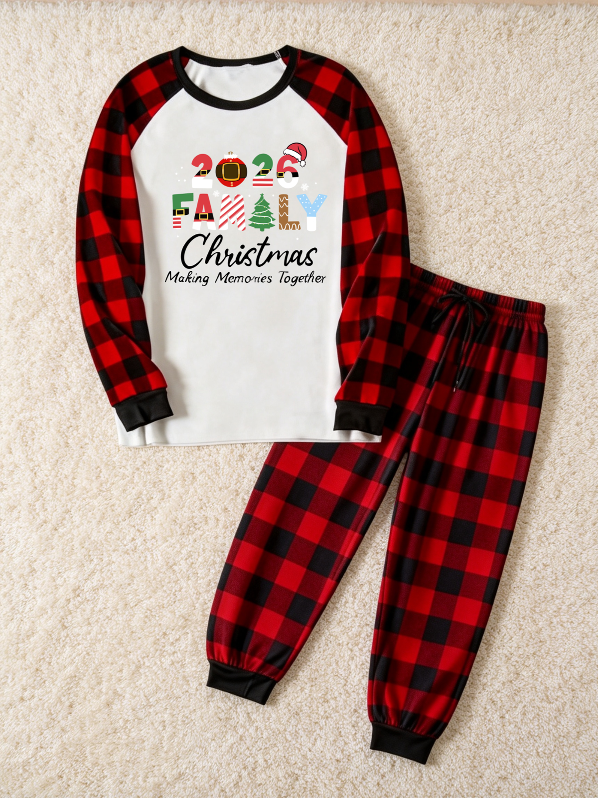 Family Matching Christmas Pajama Set, 2026 Merry Christmas Letter Print Raglan Long Sleeve Top, Red Black Buffalo Plaid Jogger Pants, Cozy Festive Sleepwear For Holiday Photos & Christmas Eve