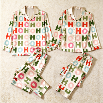 Colorful "HOHO" Letter Satin Matching Pajamas for Couples – Long Sleeve Button-Down Top & Pants Sleepwear Set