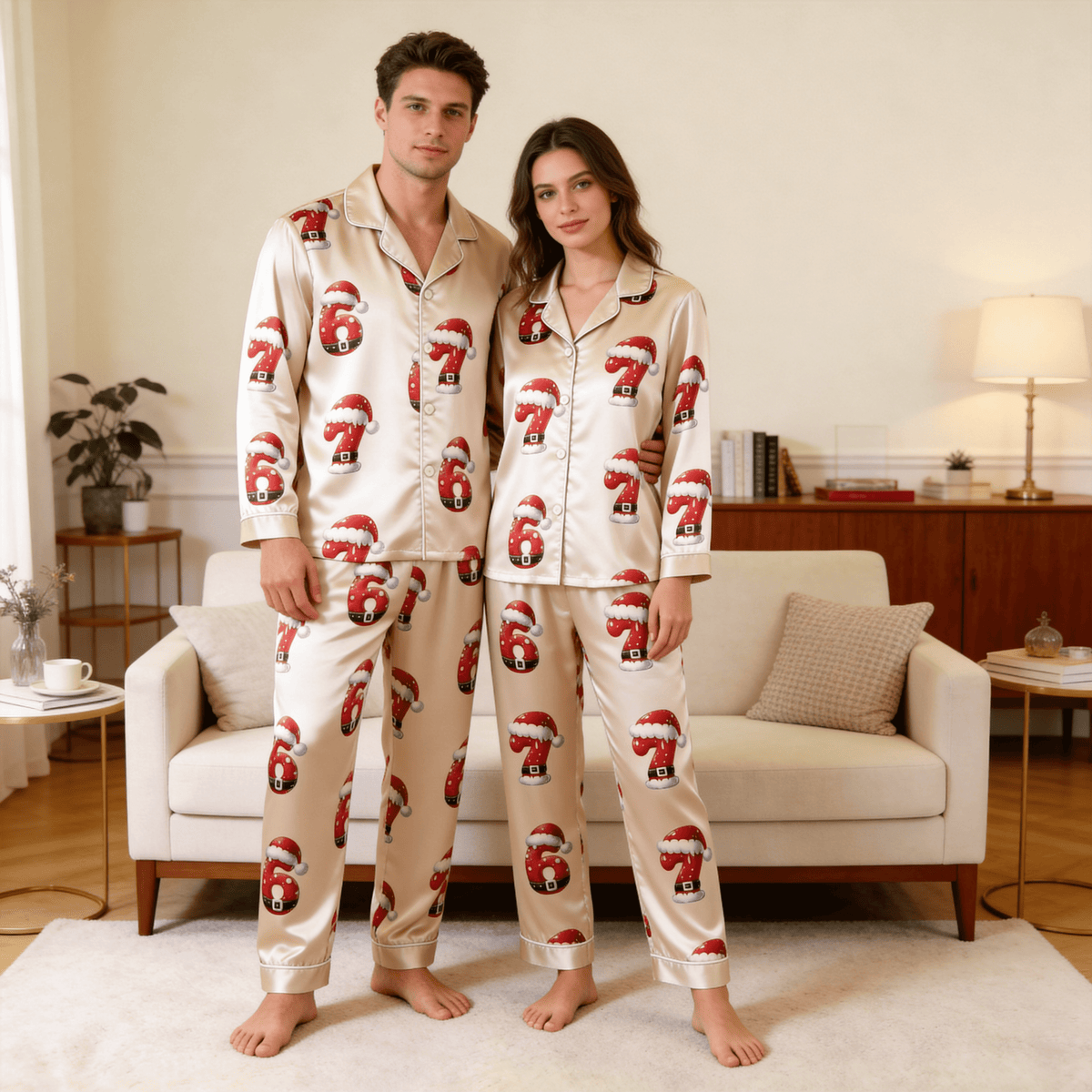 Christmas Number 67 Print Satin Matching Pajamas for Couples – Long Sleeve Button-Down Top & Pants Sleepwear Set