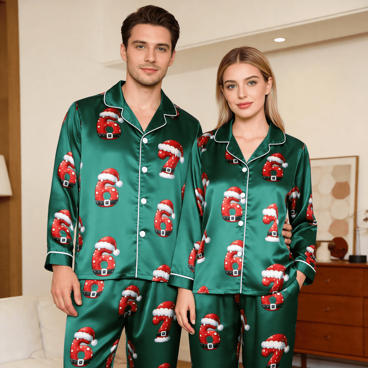 Christmas Number 67 Print Satin Matching Pajamas for Couples – Long Sleeve Button-Down Top & Pants Sleepwear Set