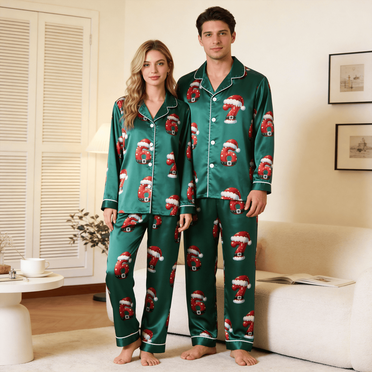 Christmas Number 67 Print Satin Matching Pajamas for Couples – Long Sleeve Button-Down Top & Pants Sleepwear Set