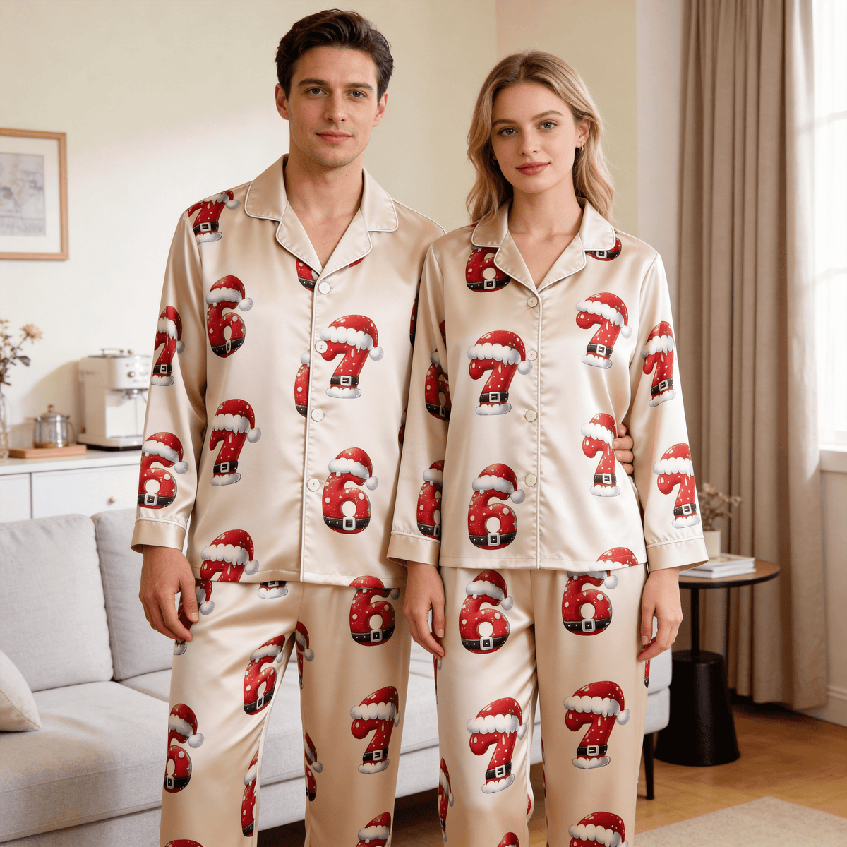 Christmas Number 67 Print Satin Matching Pajamas for Couples – Long Sleeve Button-Down Top & Pants Sleepwear Set