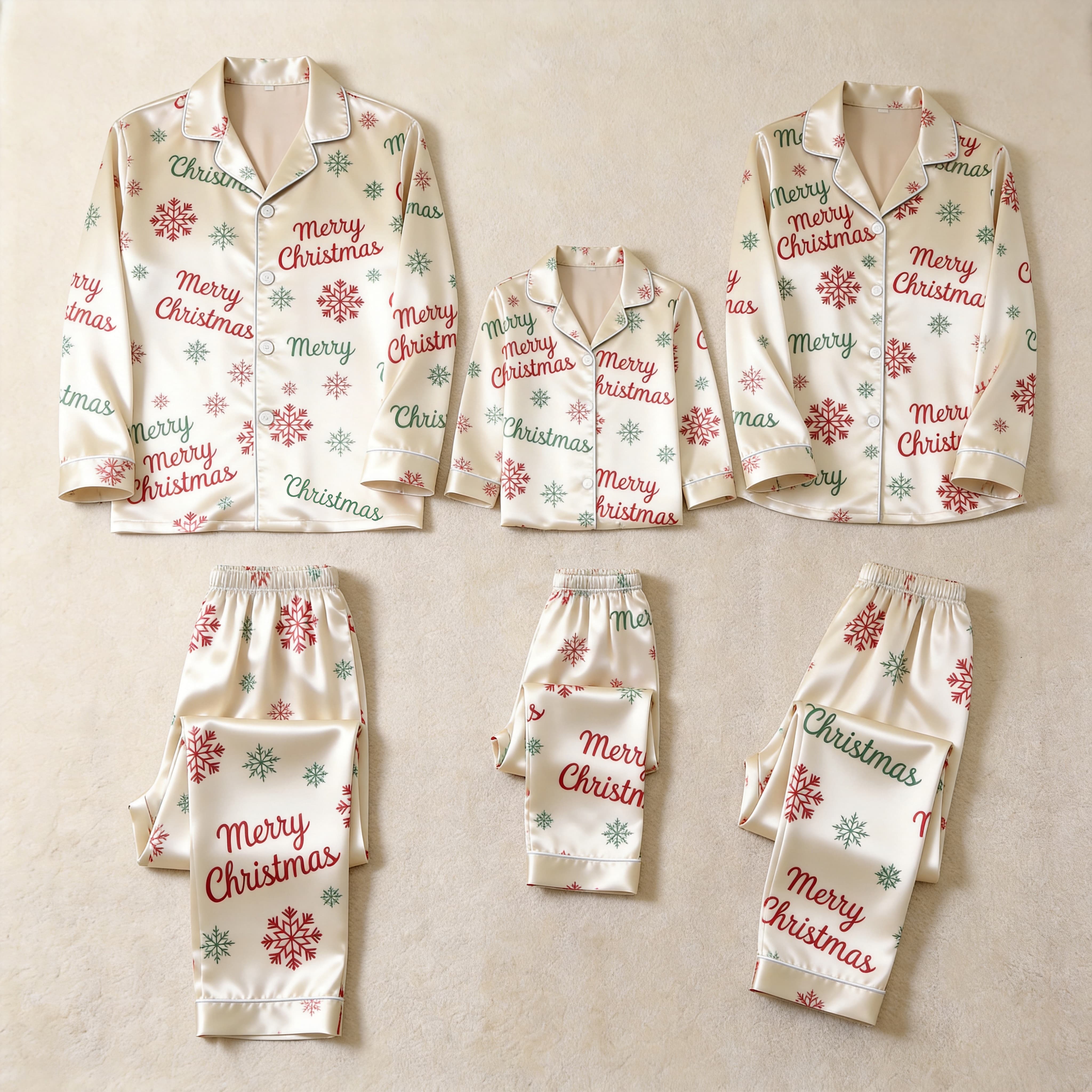 Merry Christmas Script & Snowflake Print Satin Button-Up Family Pajamas Set