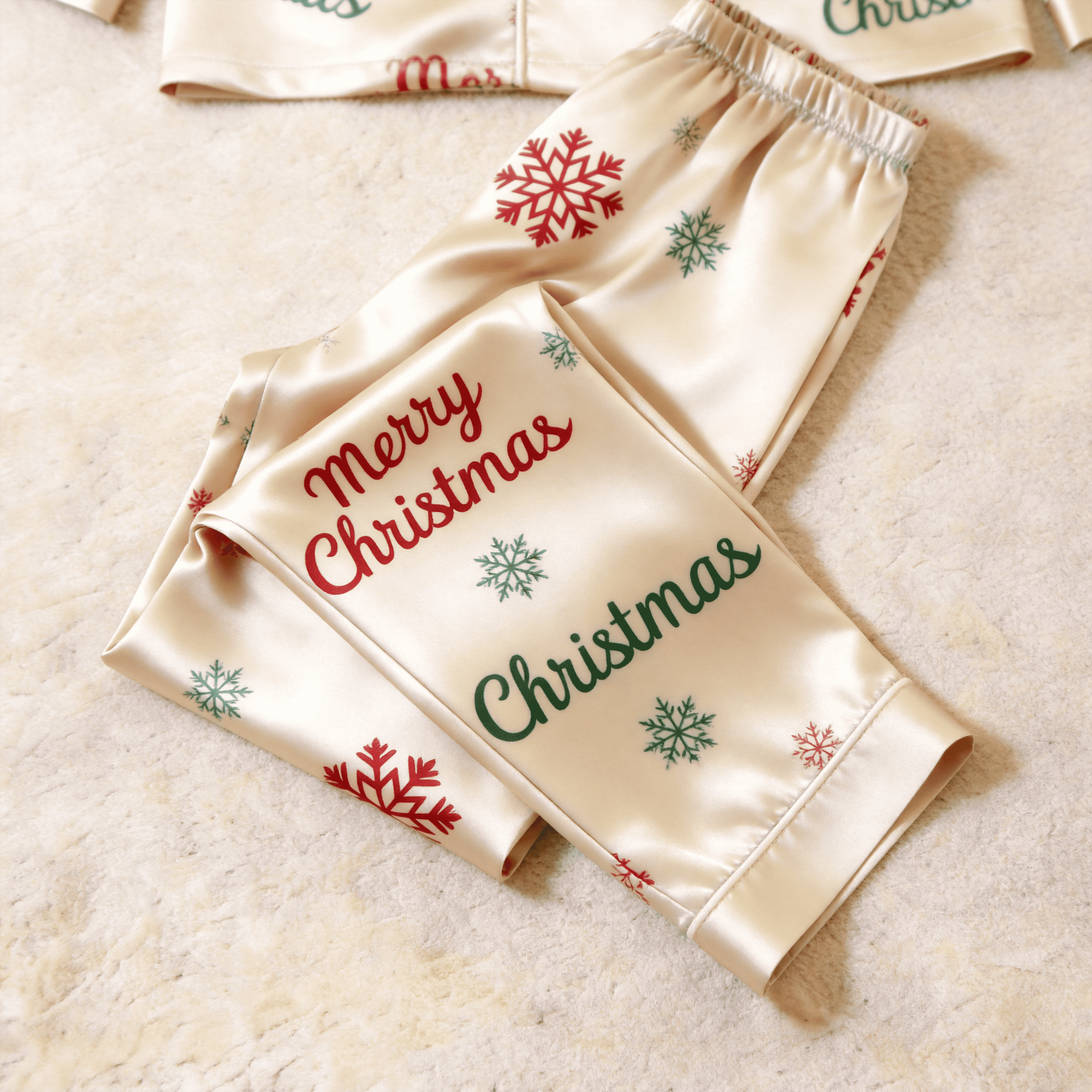 Merry Christmas Script & Snowflake Print Satin Button-Up Family Pajamas Set
