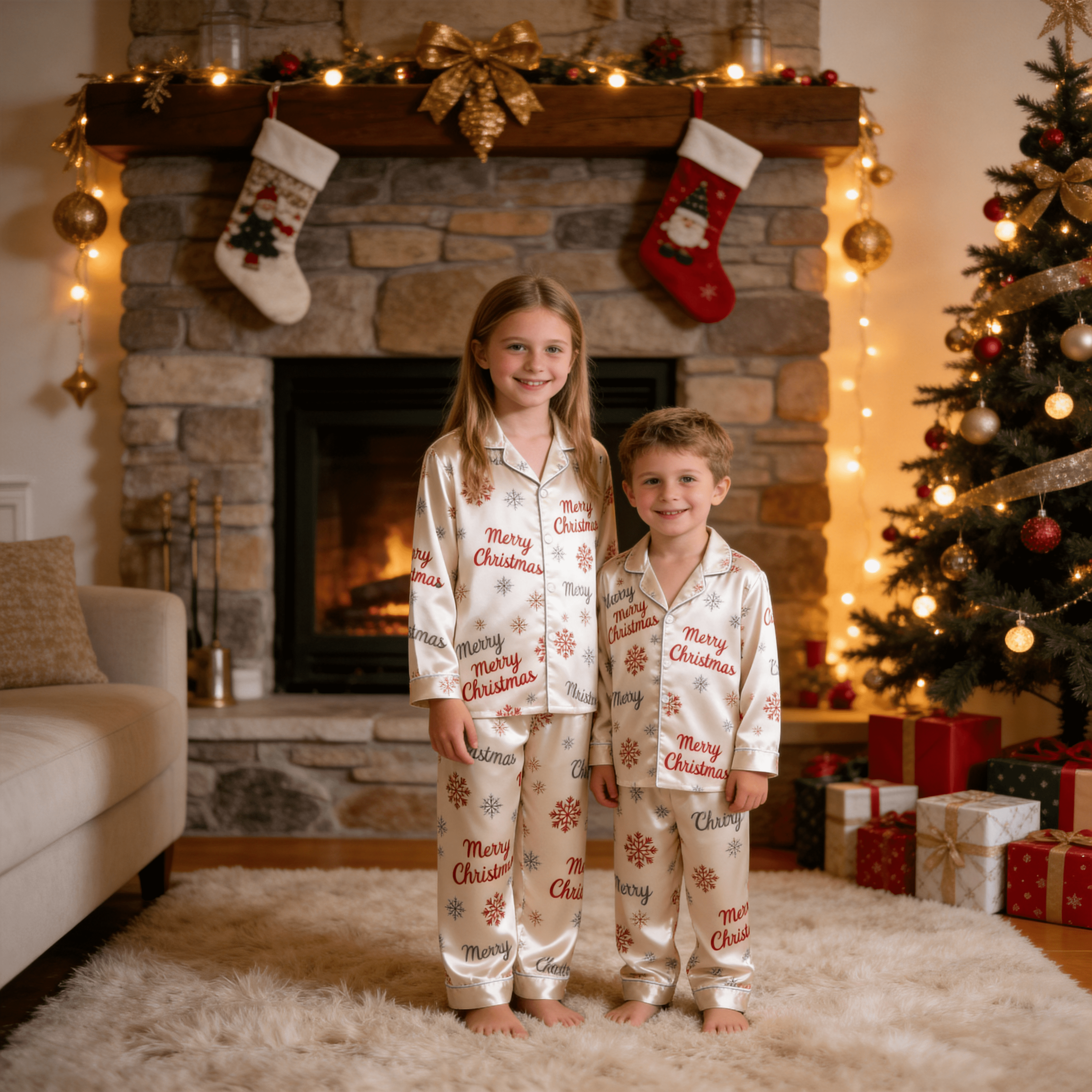 Merry Christmas Script & Snowflake Print Satin Button-Up Family Pajamas Set