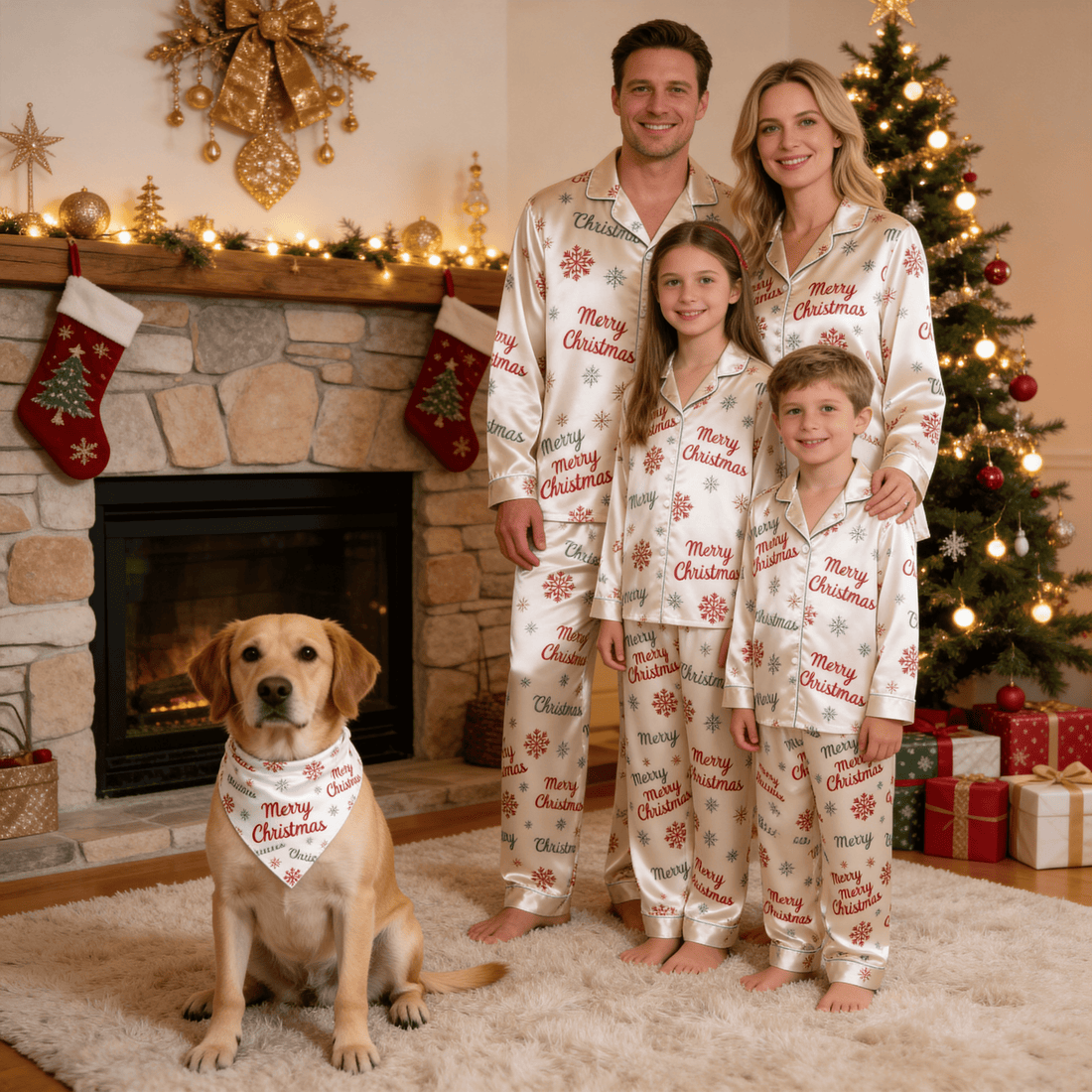 Merry Christmas Script & Snowflake Print Satin Button-Up Family Pajamas Set