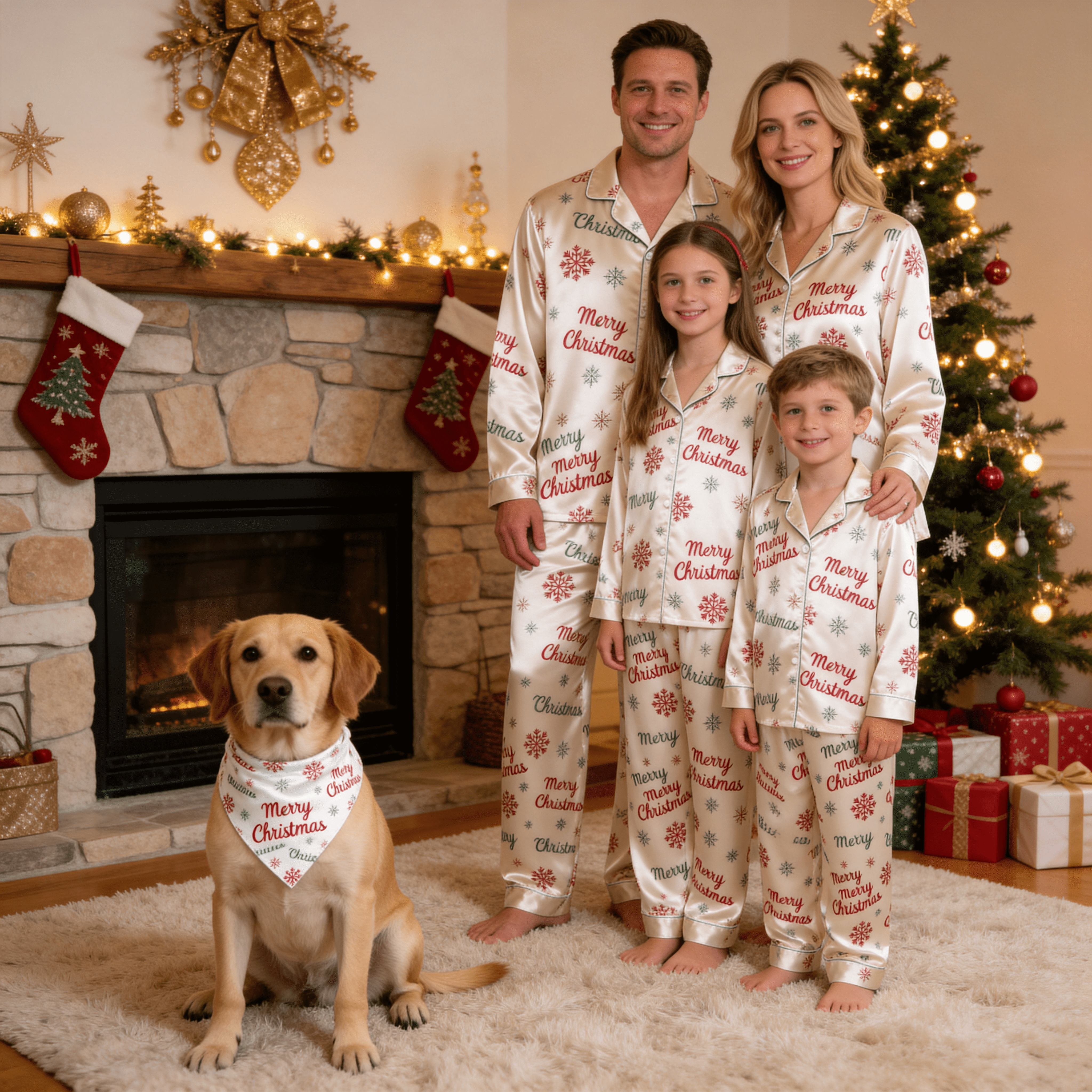 Merry Christmas Script & Snowflake Print Satin Button-Up Family Pajamas Set