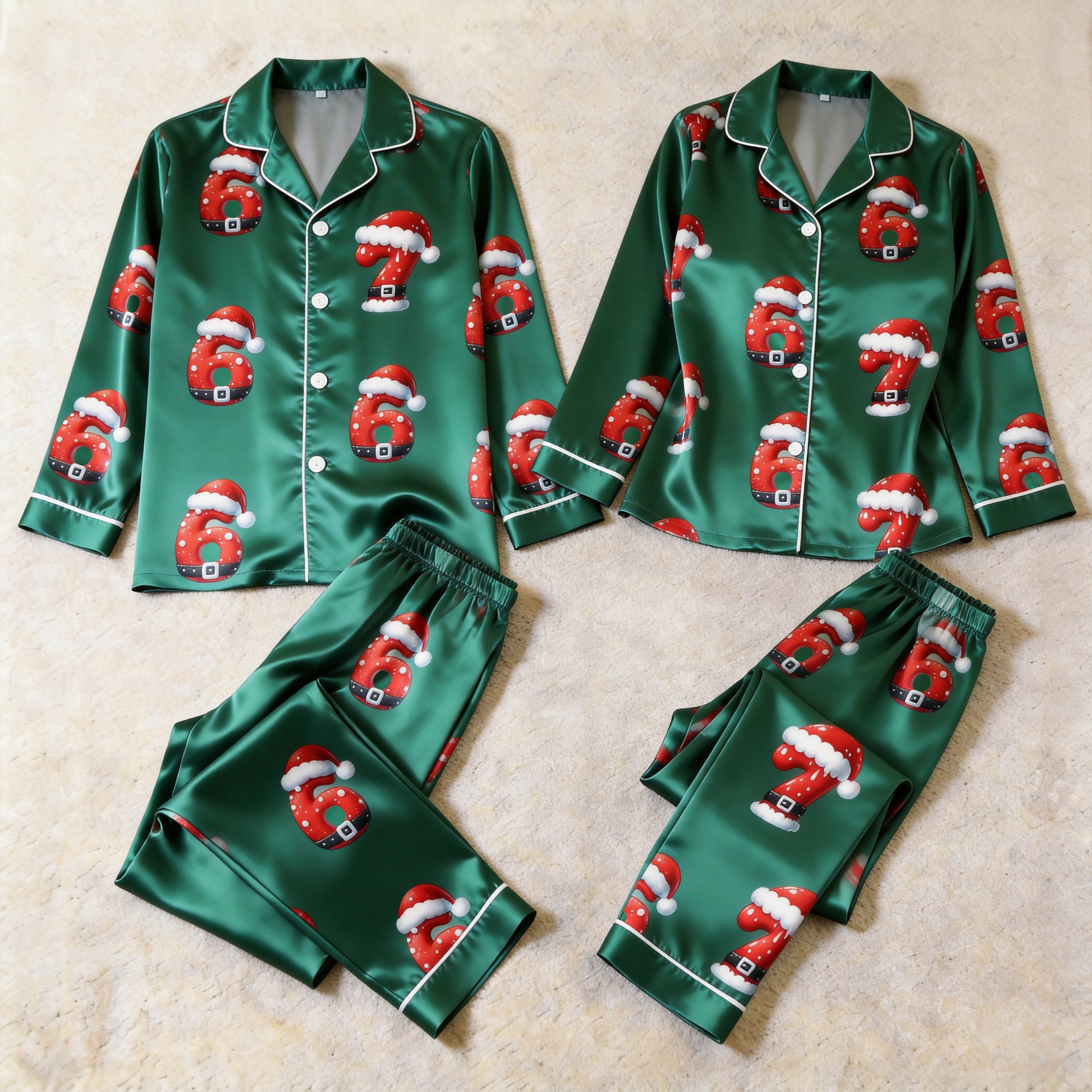 Christmas Number 67 Print Satin Matching Pajamas for Couples – Long Sleeve Button-Down Top & Pants Sleepwear Set