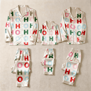 Colorful HOHOHO Letter Print Satin Button-Up Family Christmas Pajamas Set