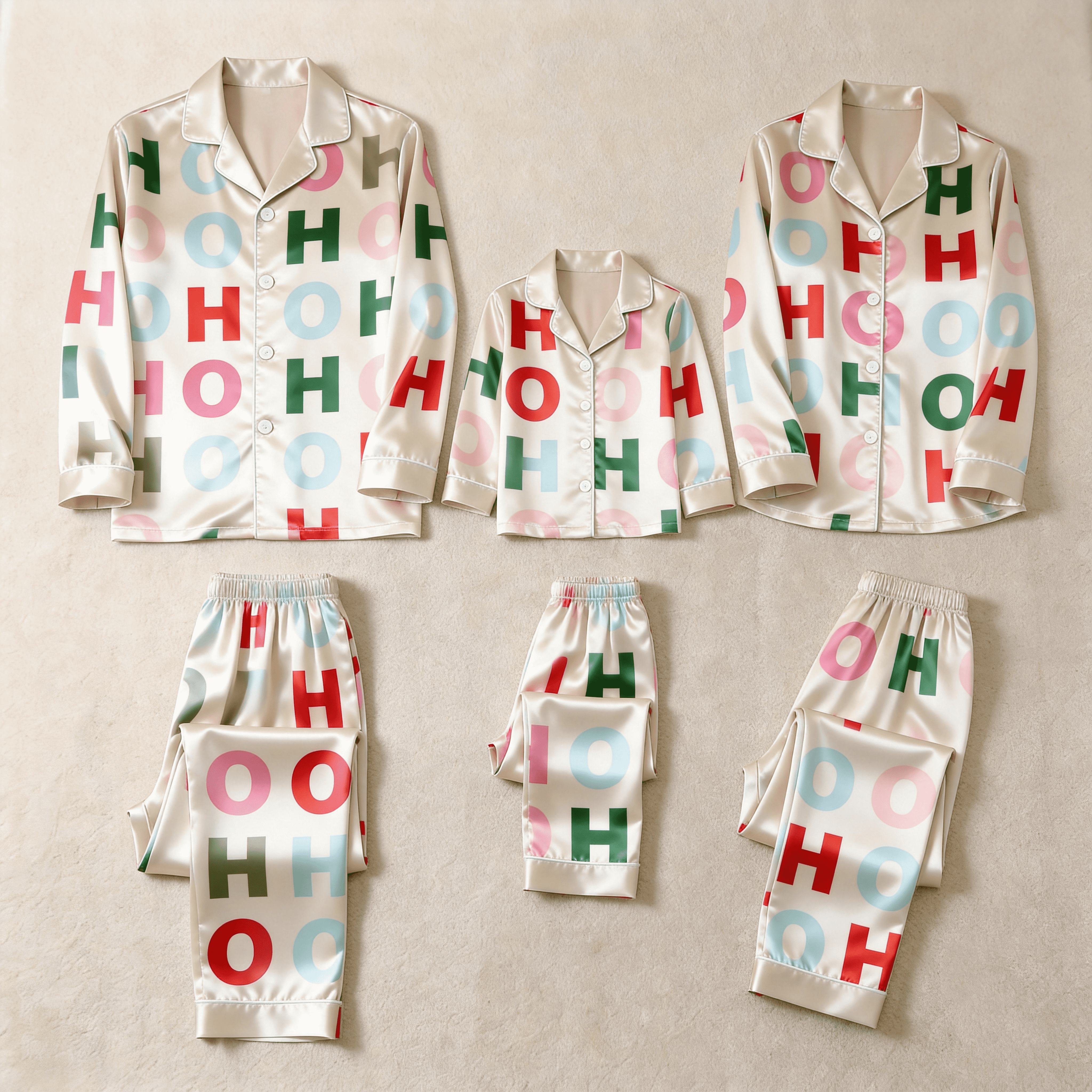 Colorful HOHOHO Letter Print Satin Button-Up Family Christmas Pajamas Set
