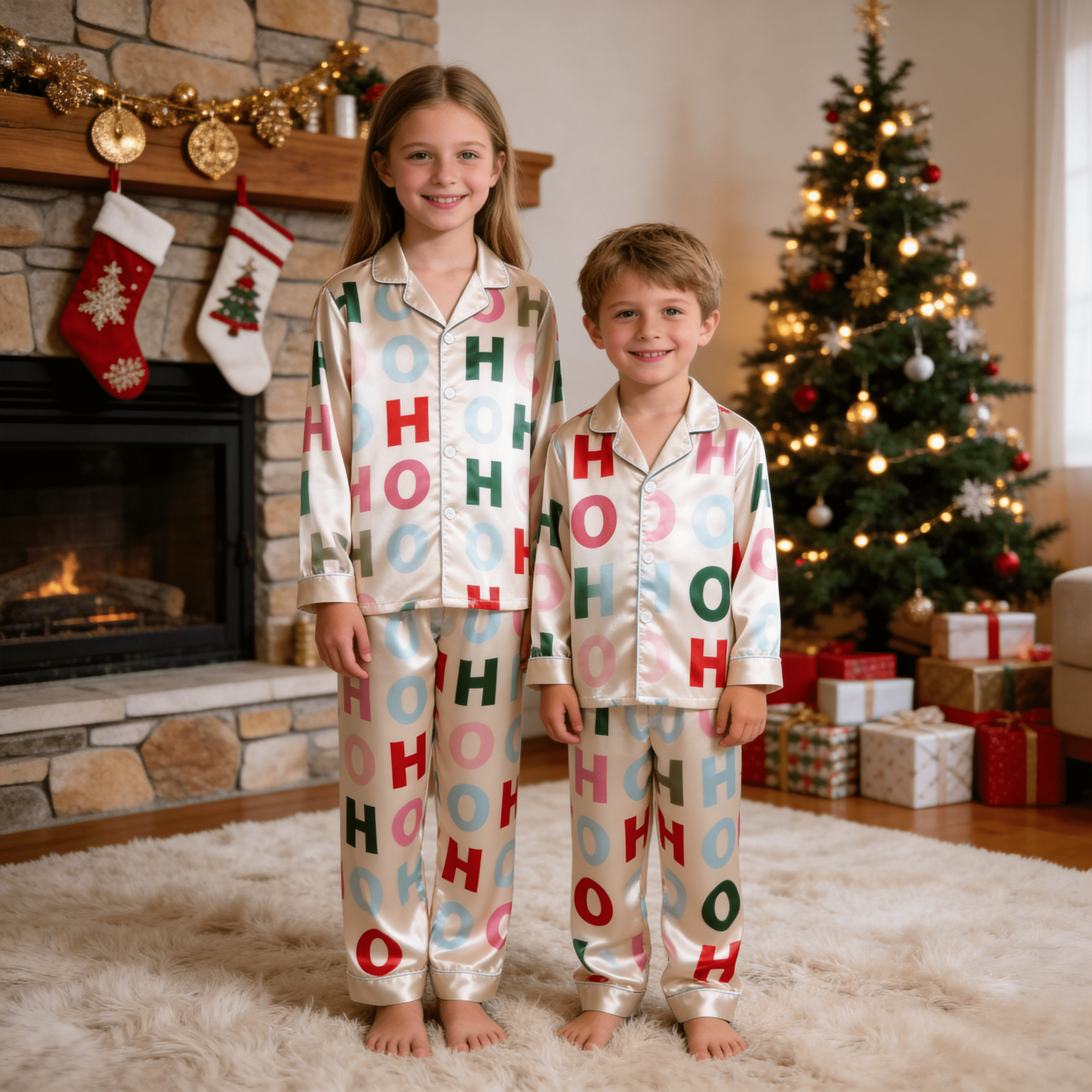 Colorful HOHOHO Letter Print Satin Button-Up Family Christmas Pajamas Set