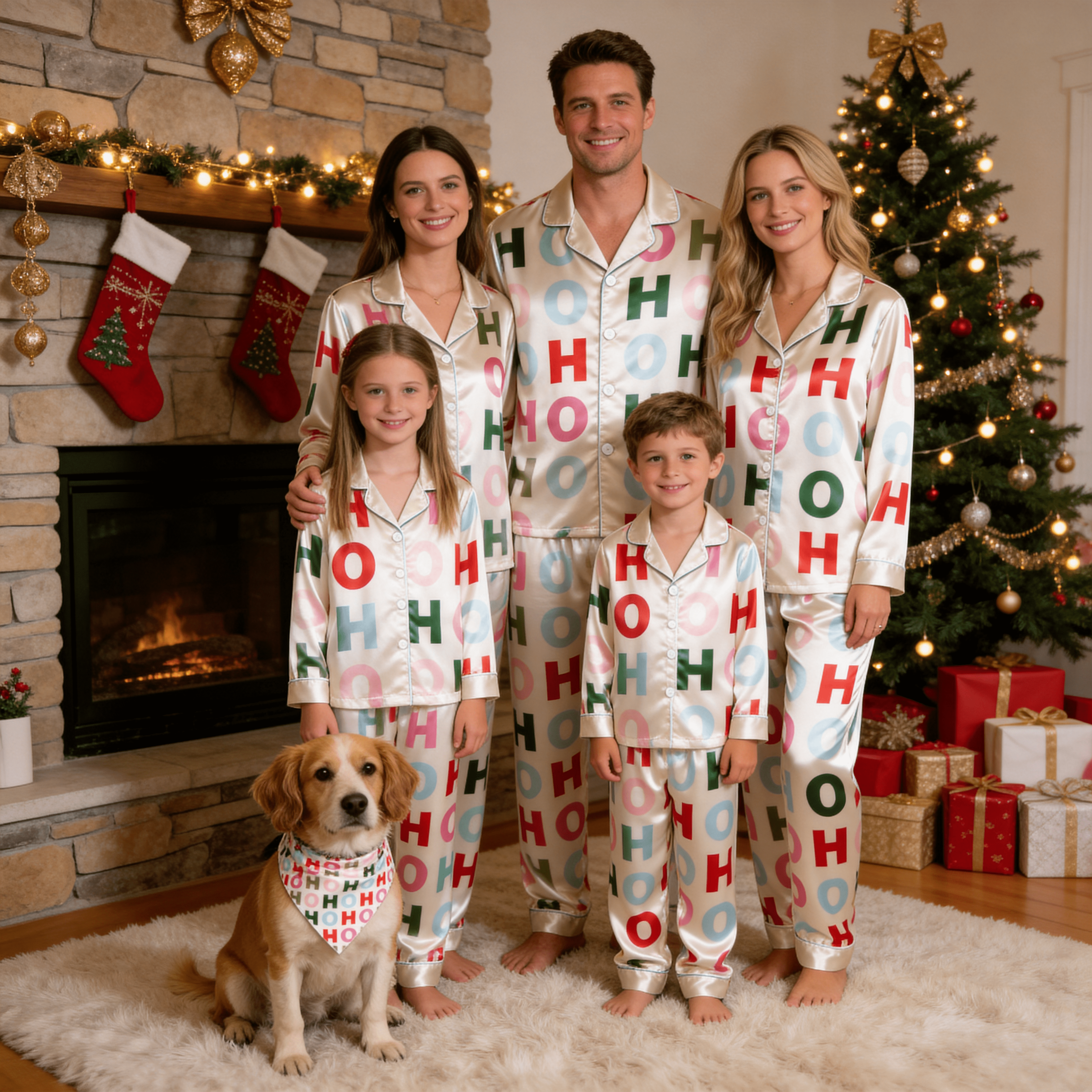 Colorful HOHOHO Letter Print Satin Button-Up Family Christmas Pajamas Set