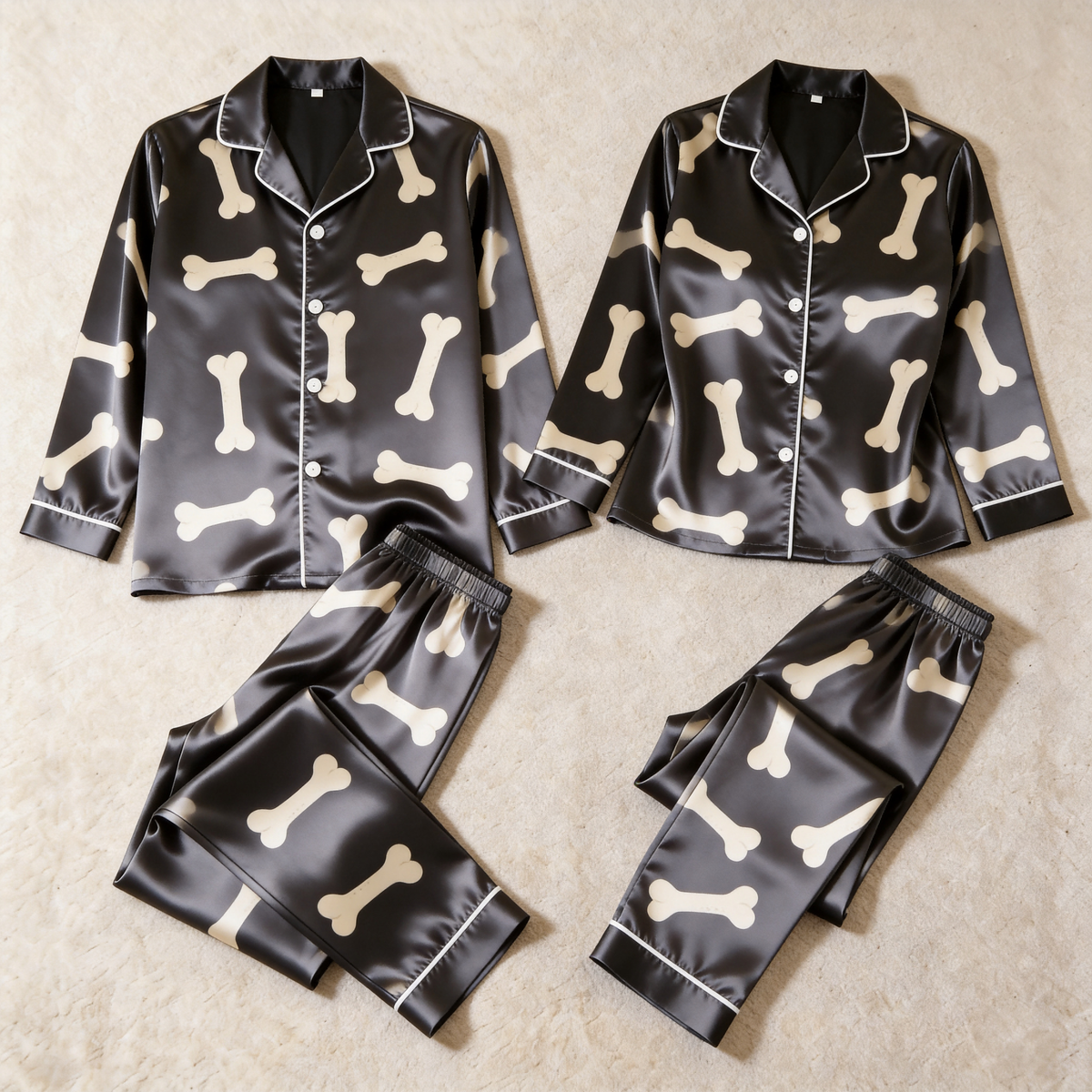 Bone Print Satin Matching Pajamas for Couples – Long Sleeve Button-Down Top & Pants Sleepwear Set