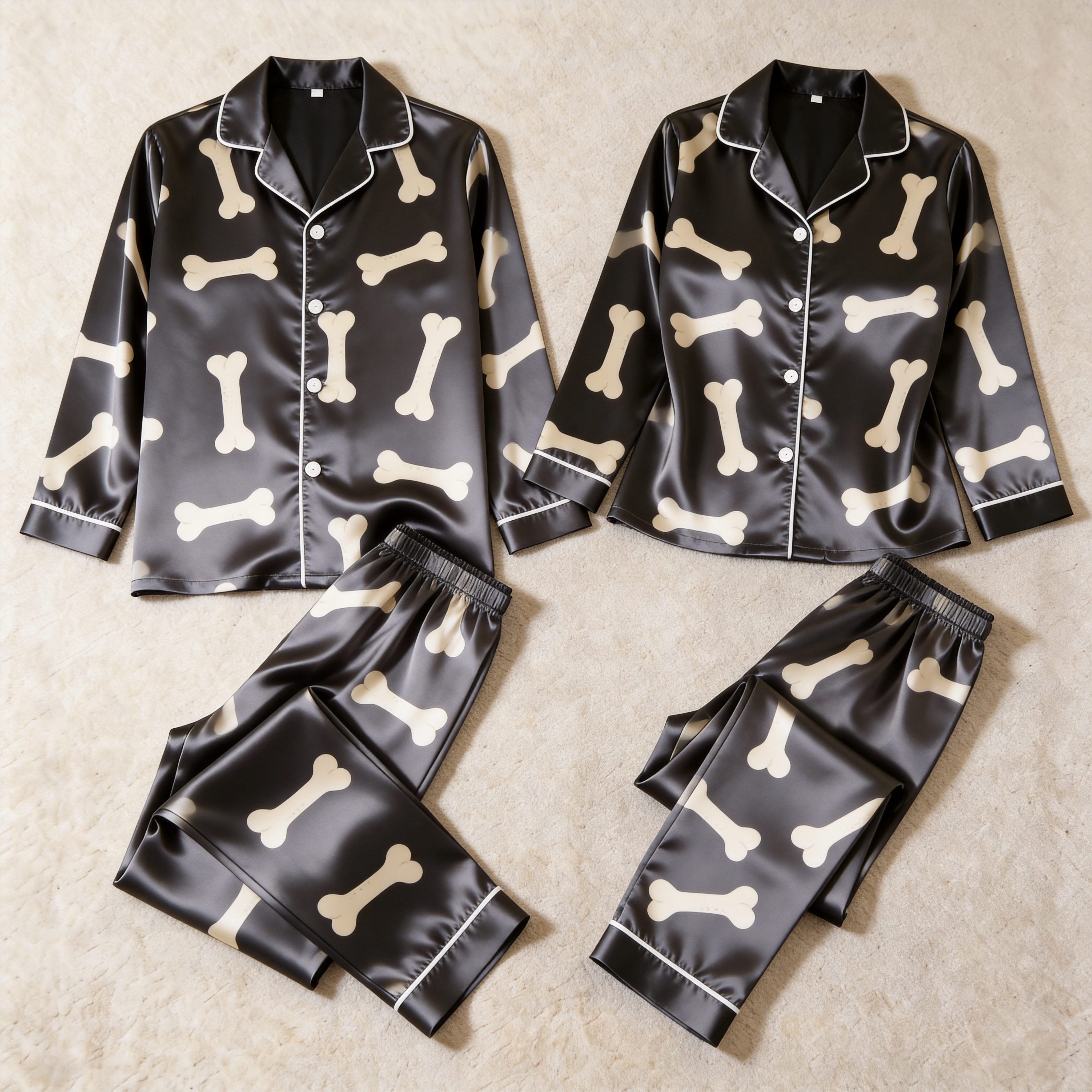 Bone Print Satin Matching Pajamas for Couples – Long Sleeve Button-Down Top & Pants Sleepwear Set