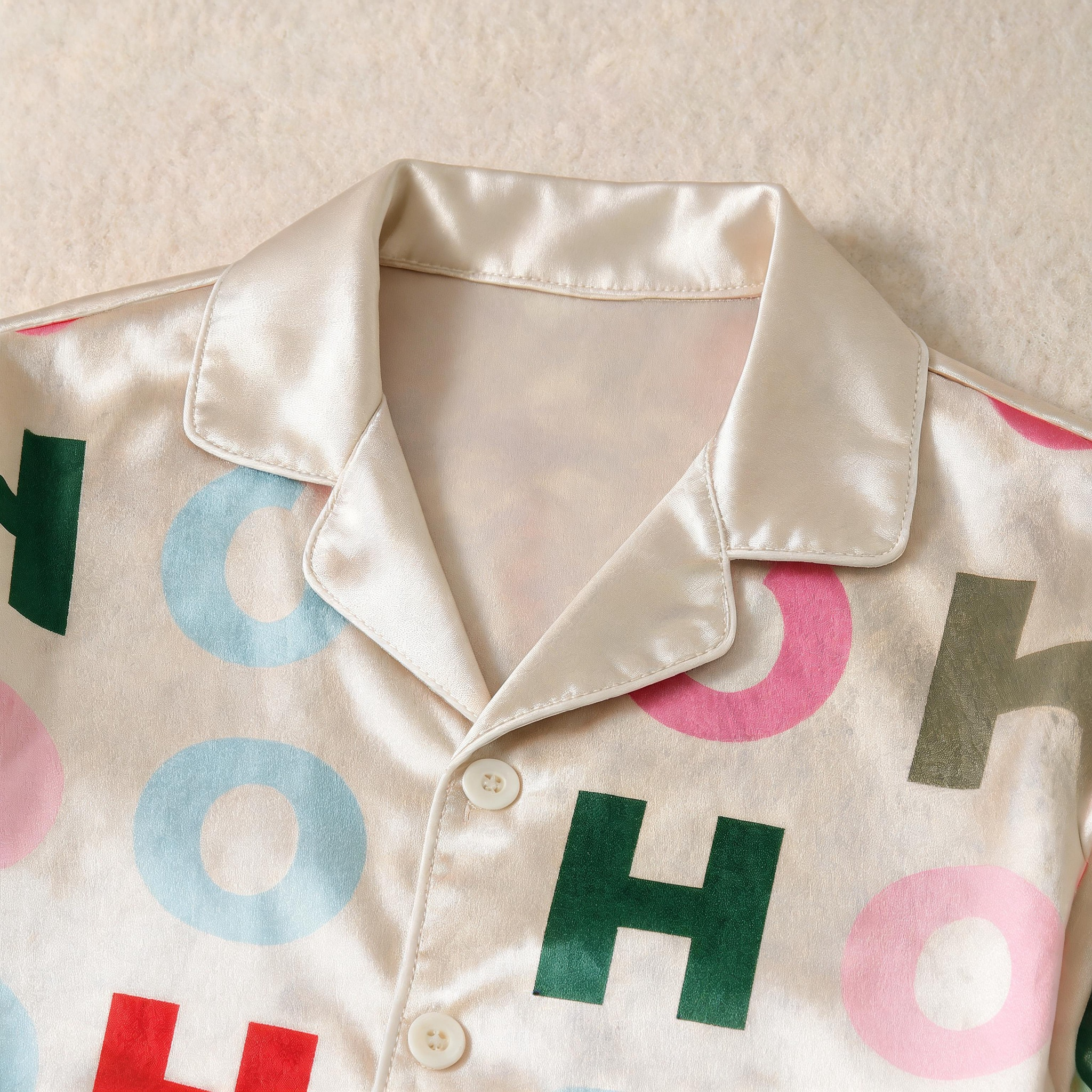 Colorful HOHOHO Letter Print Satin Button-Up Family Christmas Pajamas Set