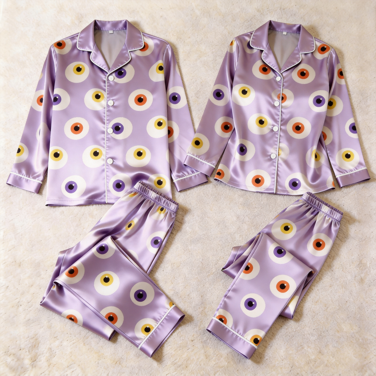 Eyeball Print Satin Matching Pajamas for Couples – Long Sleeve Button-Down Top & Pants Sleepwear Set
