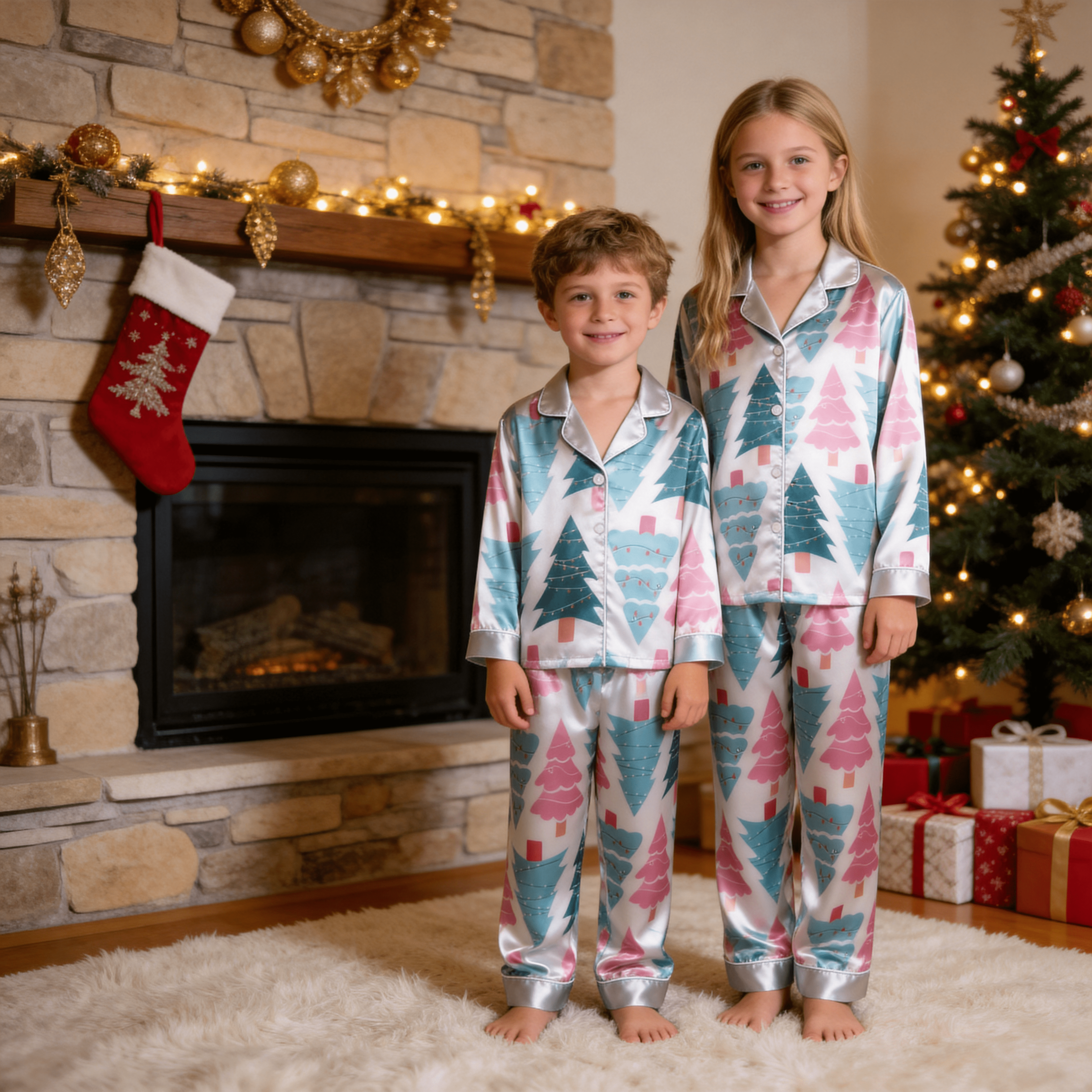 Pink & Teal Christmas Tree Print Satin Button-Up Family Pajamas Set