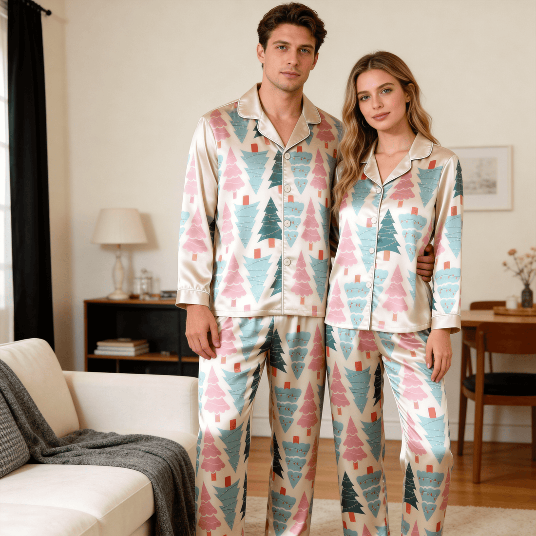 Colorful Christmas Tree Satin Matching Pajamas for Couples – Long Sleeve Button-Down Top & Pants Sleepwear Set