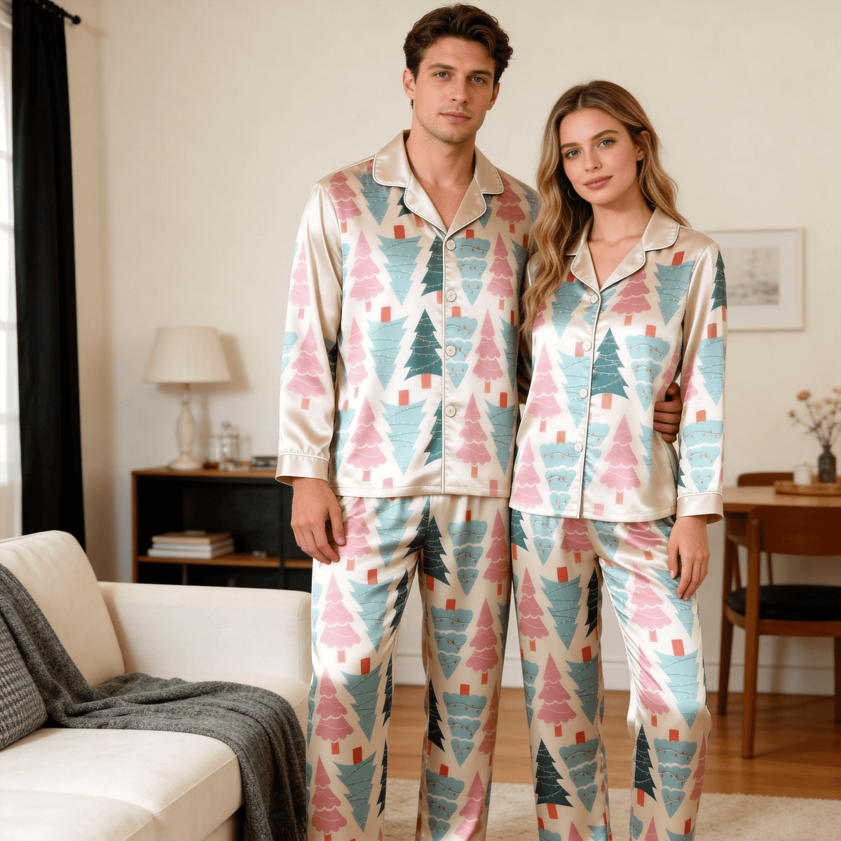 Colorful Christmas Tree Satin Matching Pajamas for Couples – Long Sleeve Button-Down Top & Pants Sleepwear Set