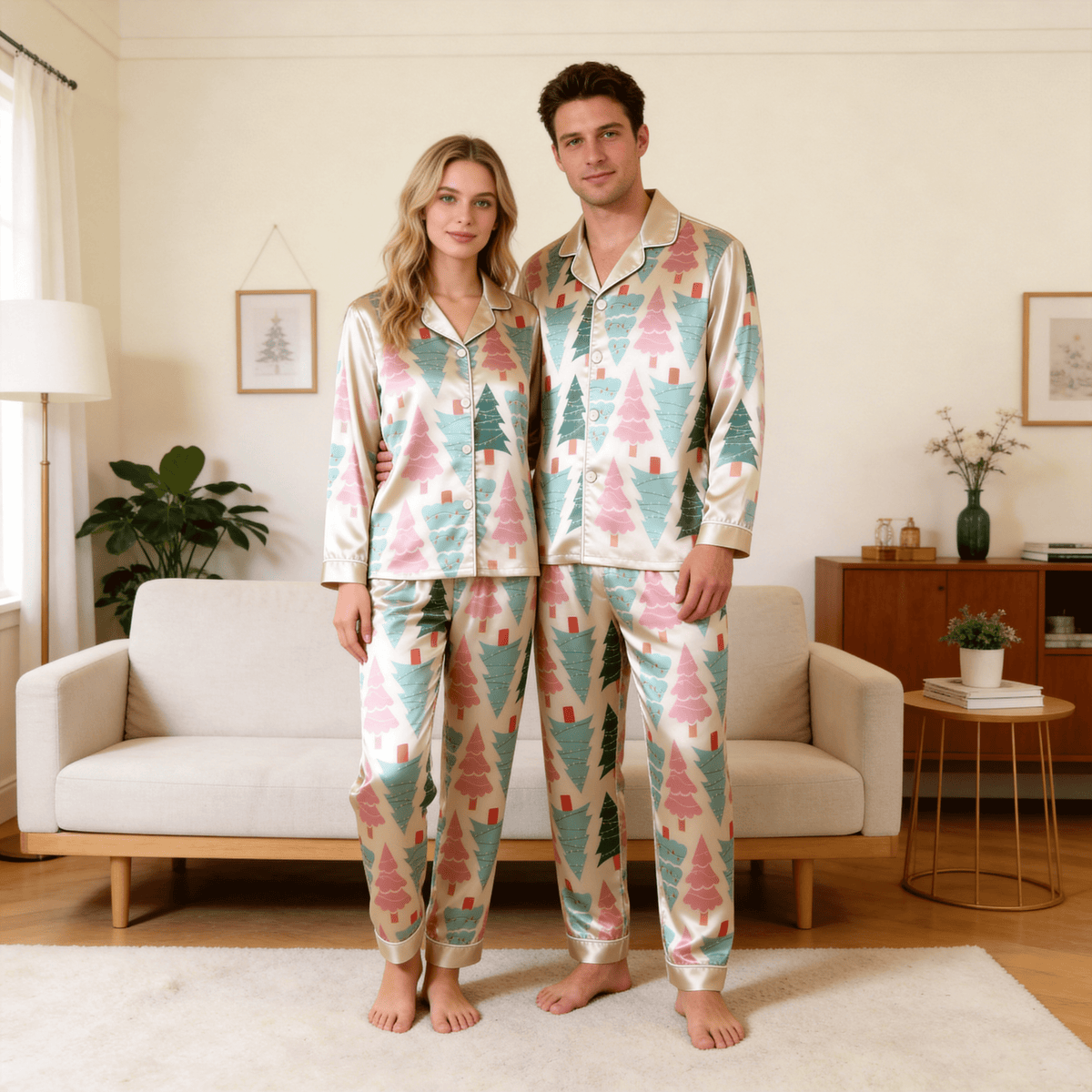 Colorful Christmas Tree Satin Matching Pajamas for Couples – Long Sleeve Button-Down Top & Pants Sleepwear Set