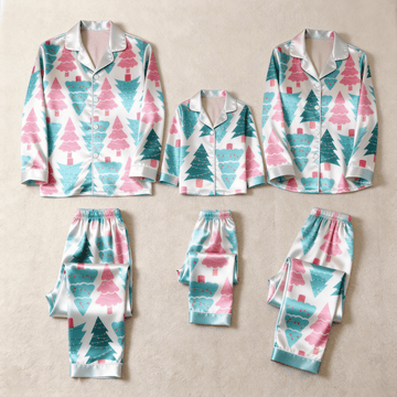 Pink & Teal Christmas Tree Print Satin Button-Up Family Pajamas Set