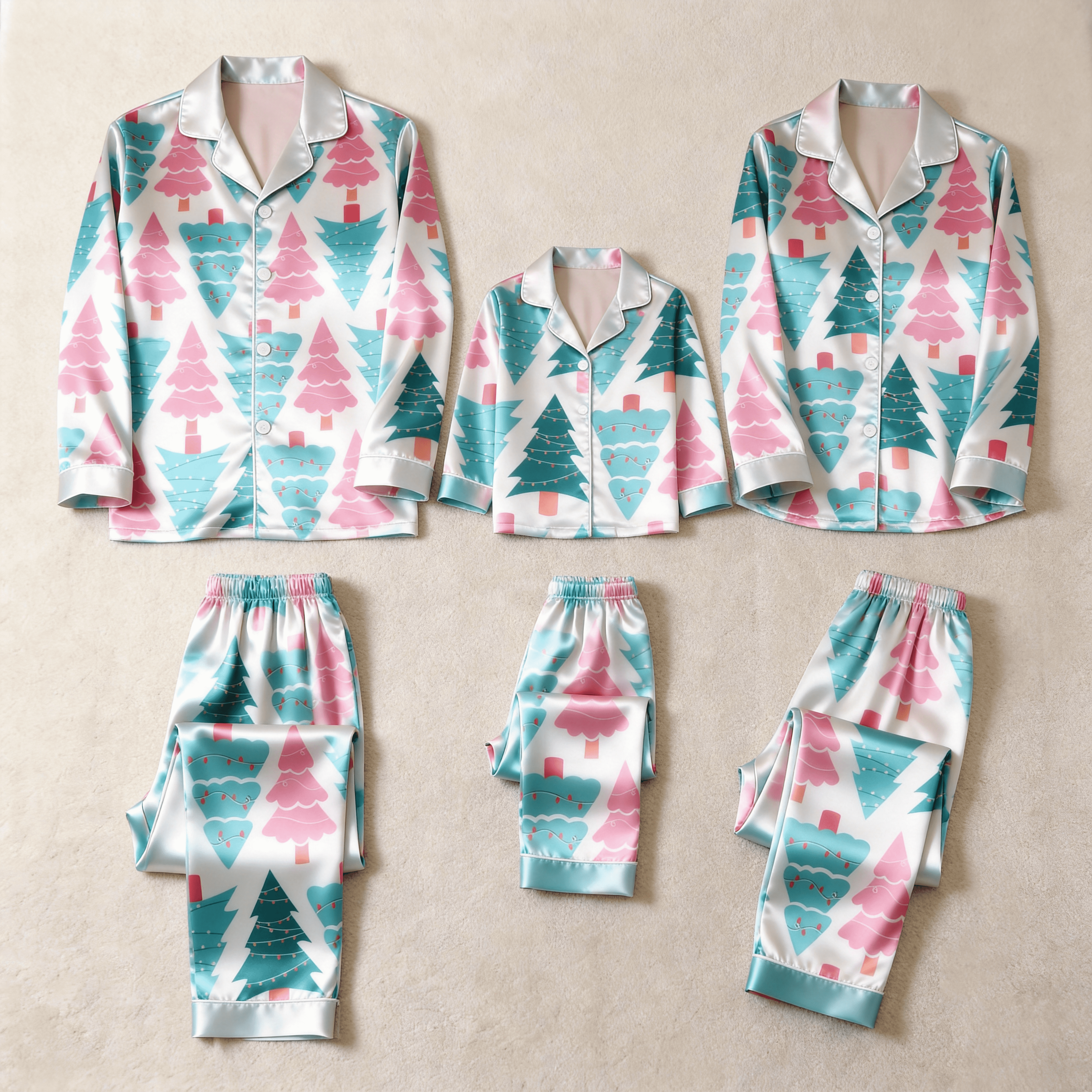 Pink & Teal Christmas Tree Print Satin Button-Up Family Pajamas Set