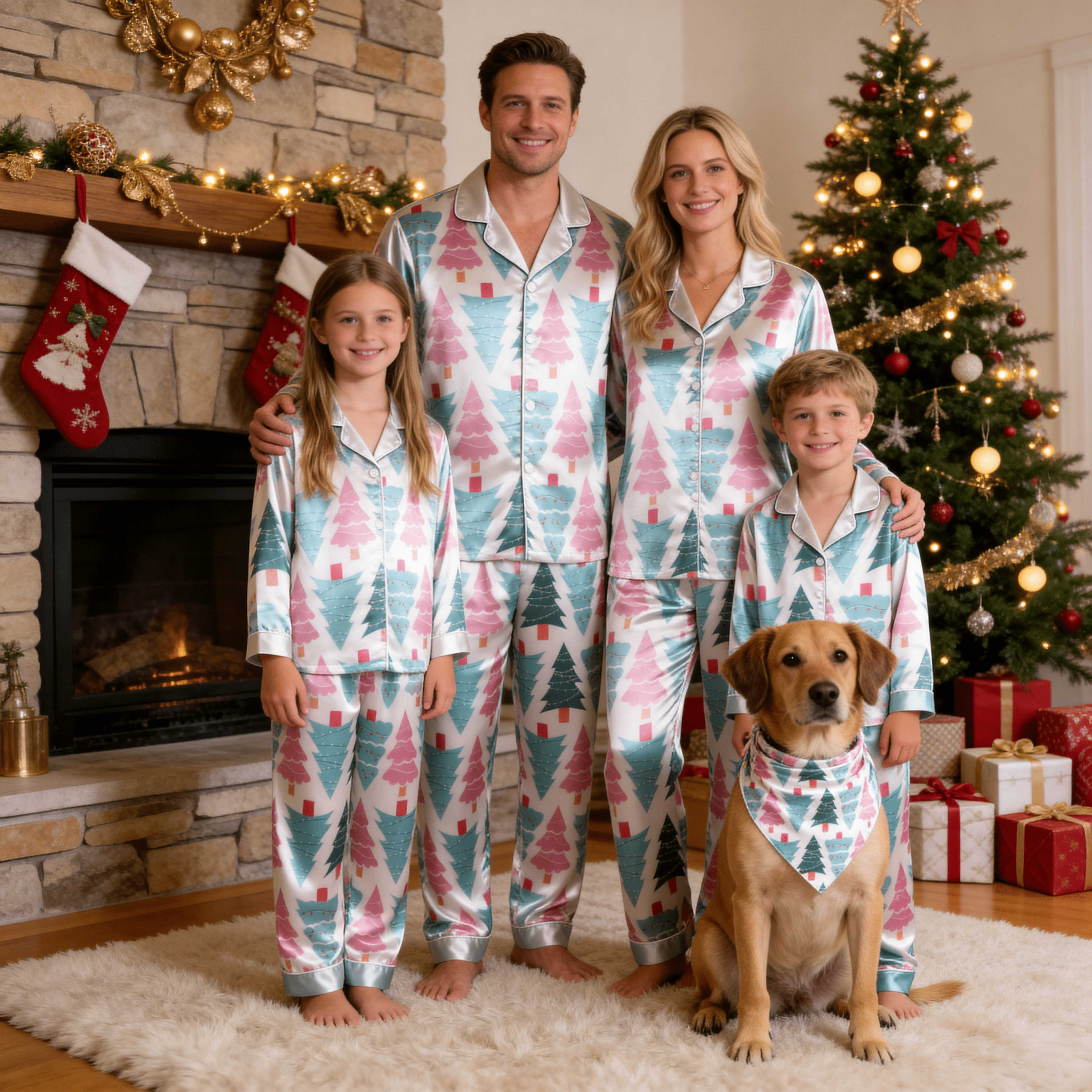 Pink & Teal Christmas Tree Print Satin Button-Up Family Pajamas Set
