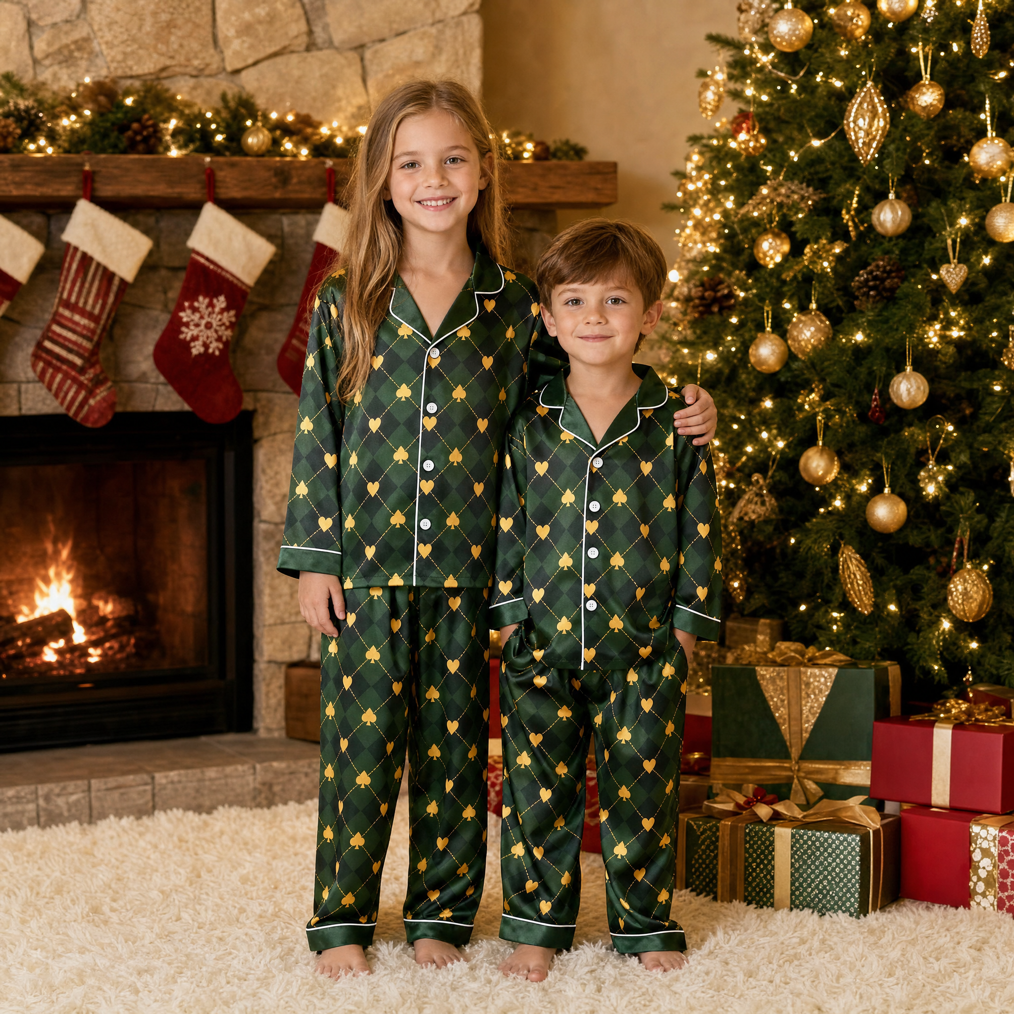 Green Argyle Heart Print Satin Button-Up Family Pajamas Set