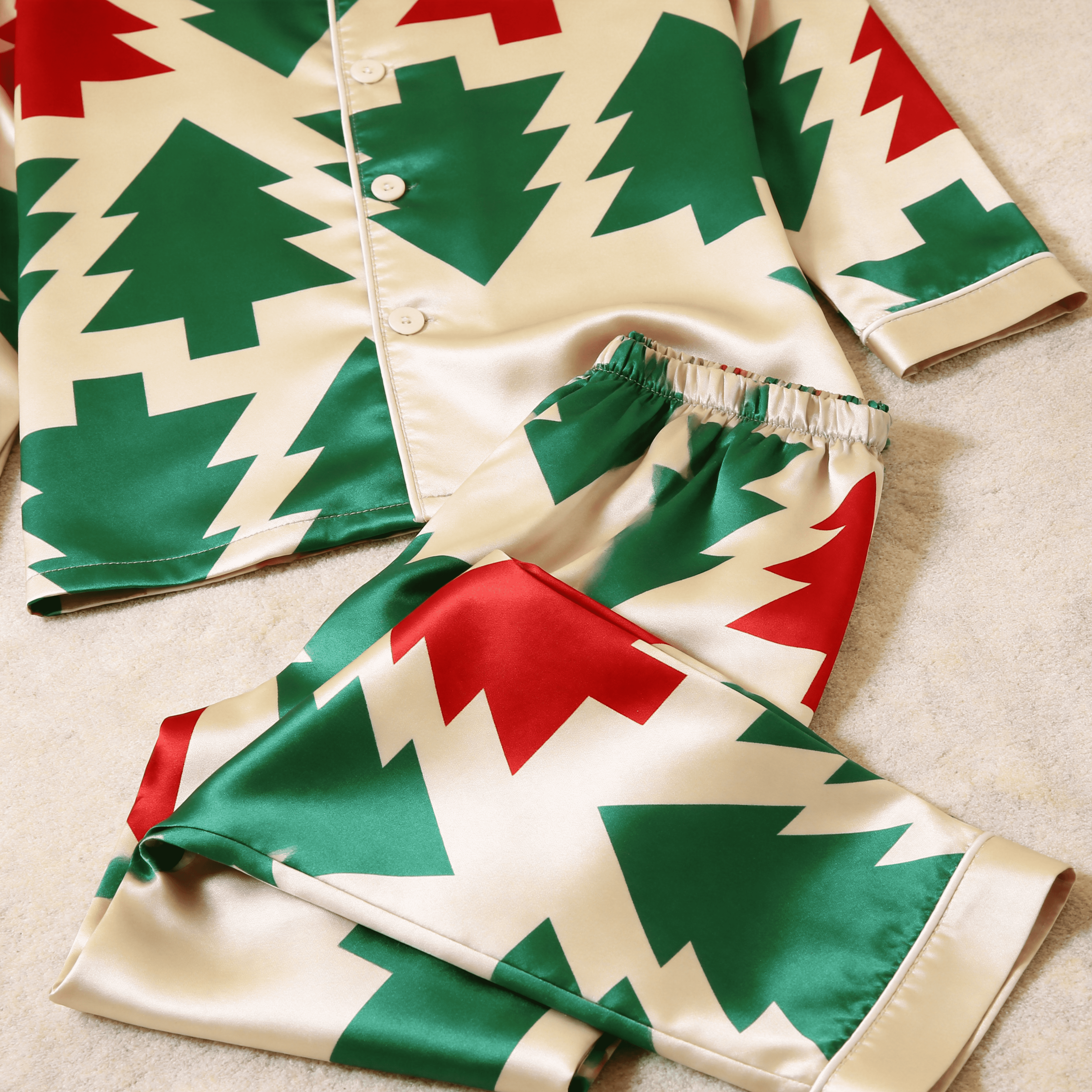 Red & Green Geometric Christmas Tree Satin Button-Up Family Pajamas Set
