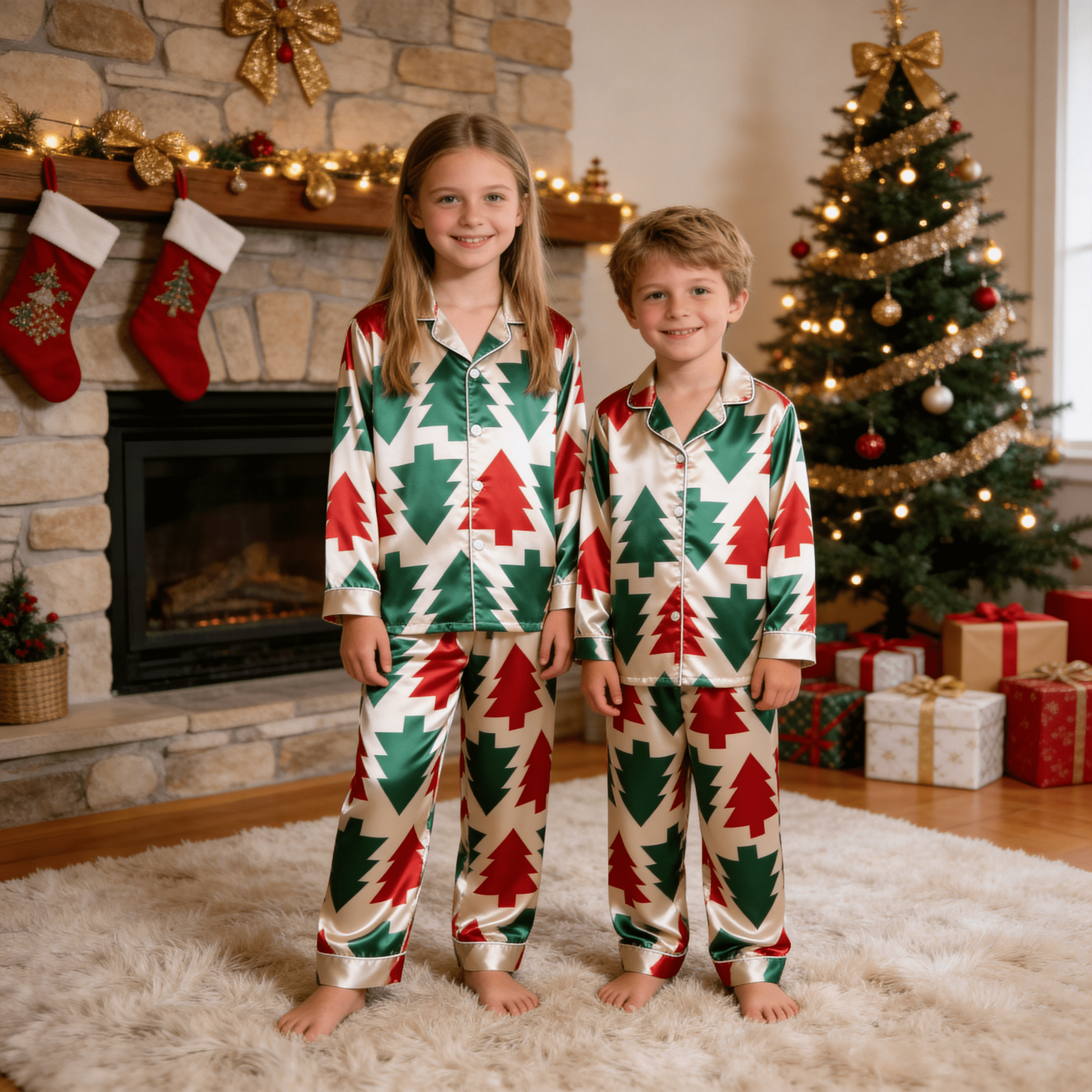 Red & Green Geometric Christmas Tree Satin Button-Up Family Pajamas Set