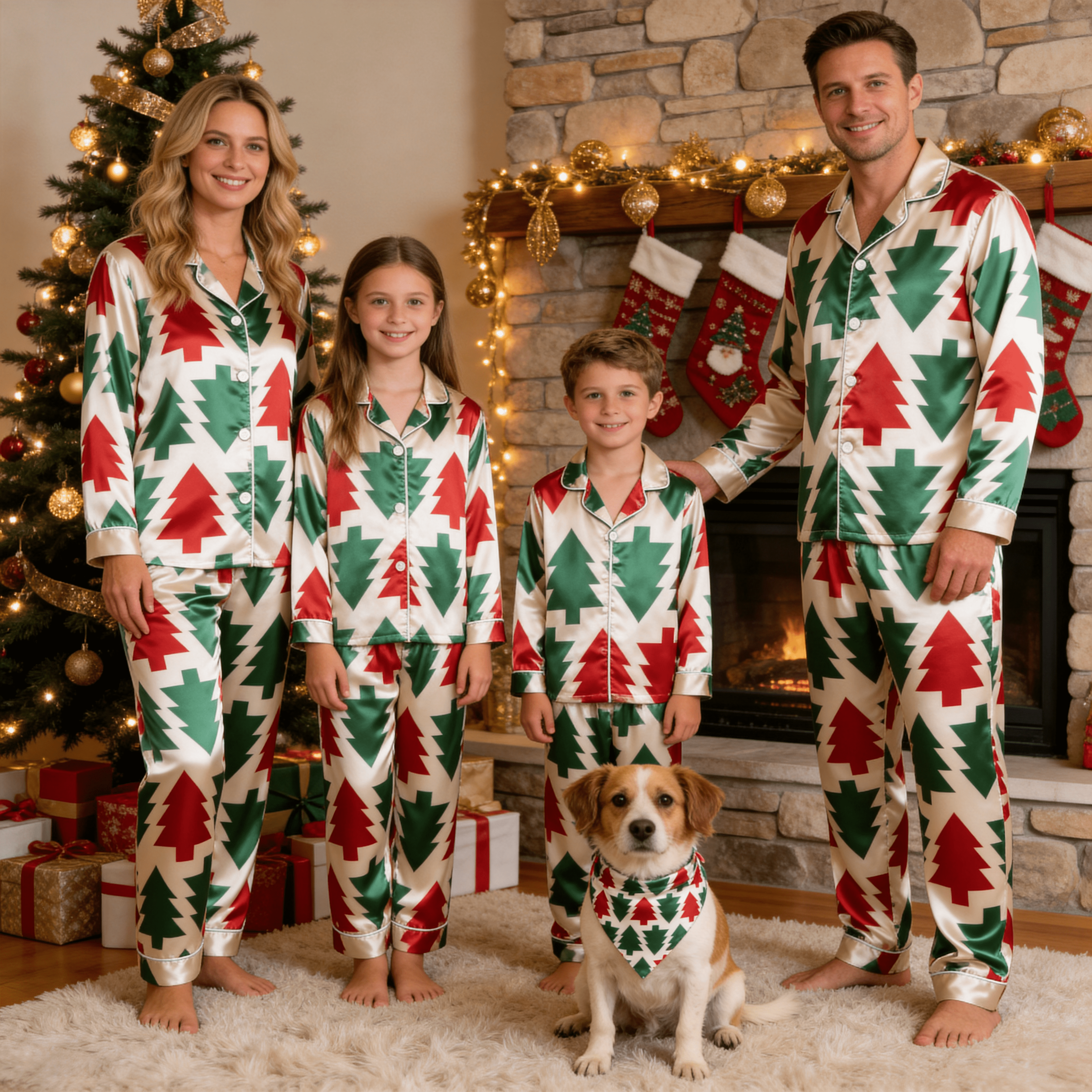 Red & Green Geometric Christmas Tree Satin Button-Up Family Pajamas Set