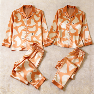 Ghost Print Satin Matching Pajamas for Couples – Long Sleeve Button-Down Top & Pants Sleepwear Set